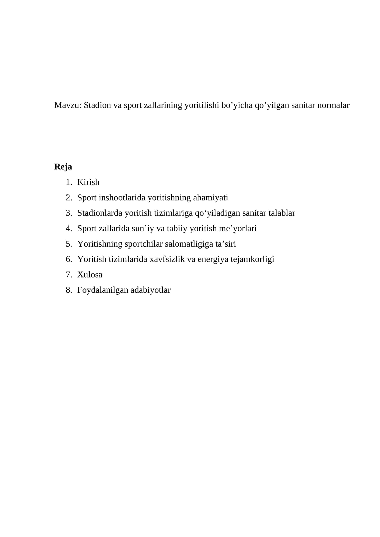 Stadion va sport zallarining yoritilishi bo’yicha qo’yilgan sanitar normalar.