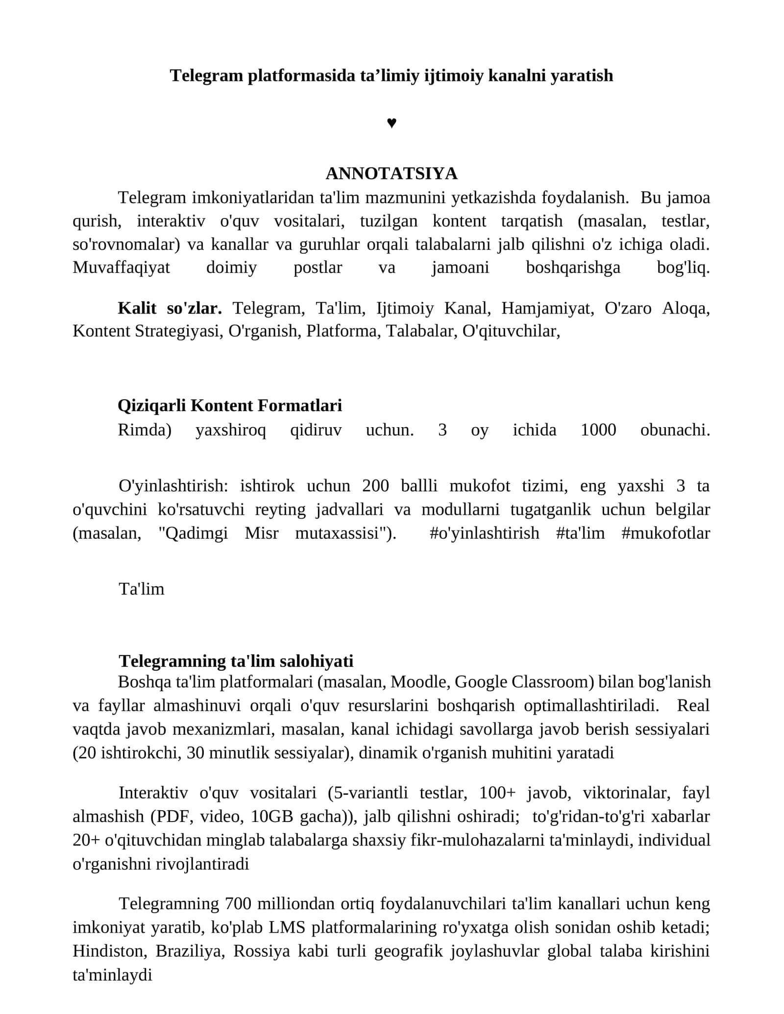 Telegram platformasida taʼlimiy ijtimoiy kanalni yaratish