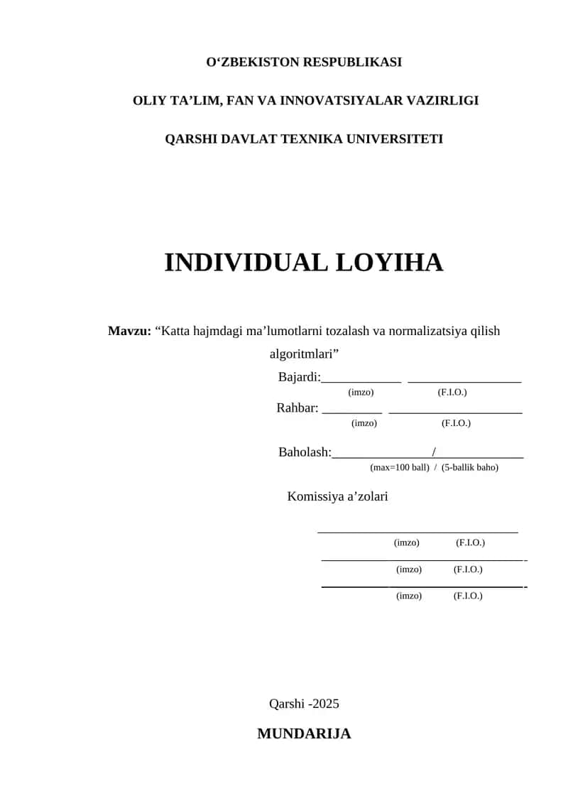 Katta hajmdagi ma’lumotlarni tozalash va normalizatsiya qilish algoritmlari