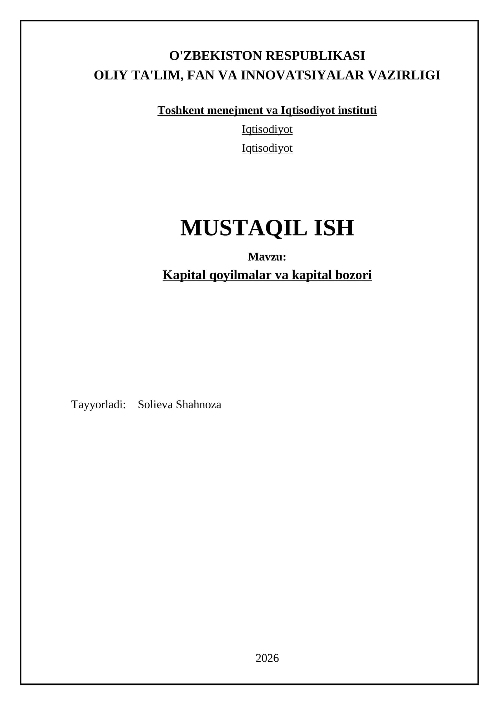 Kapital qoyilmalar va kapital bozori