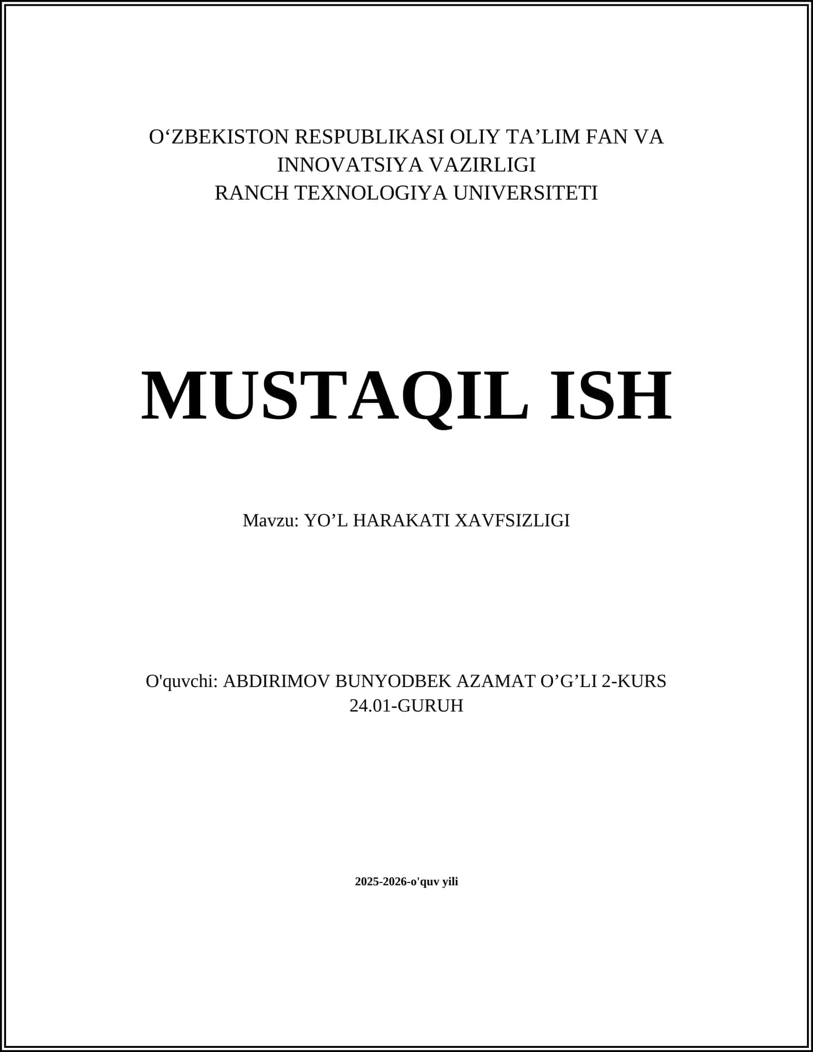 YO’L HARAKATI XAVFSIZLIGI