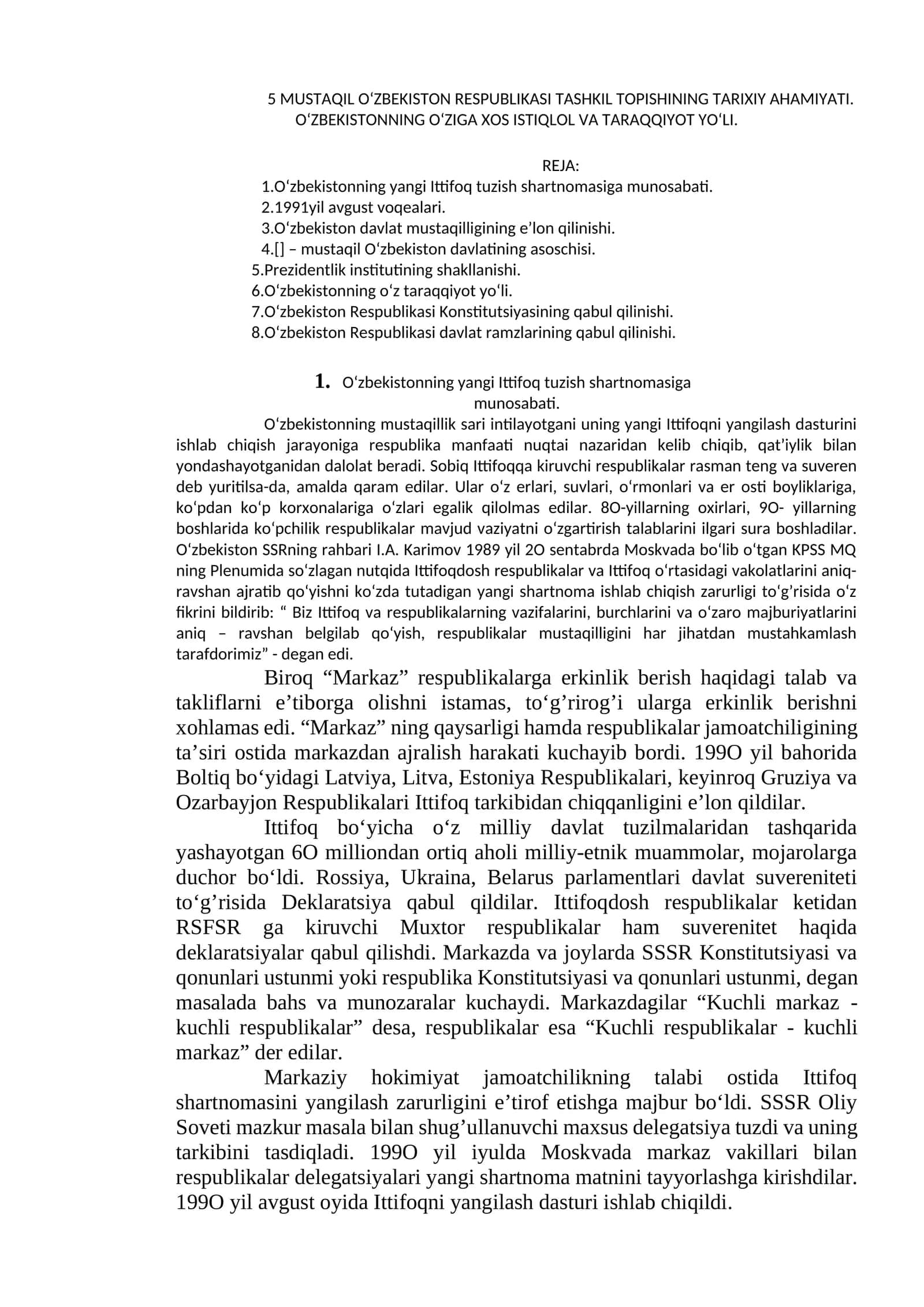 MUSTAQIL O‘ZBEKISTON RESPUBLIKASI TASHKIL TOPISHINING TARIXIY AHAMIYATI