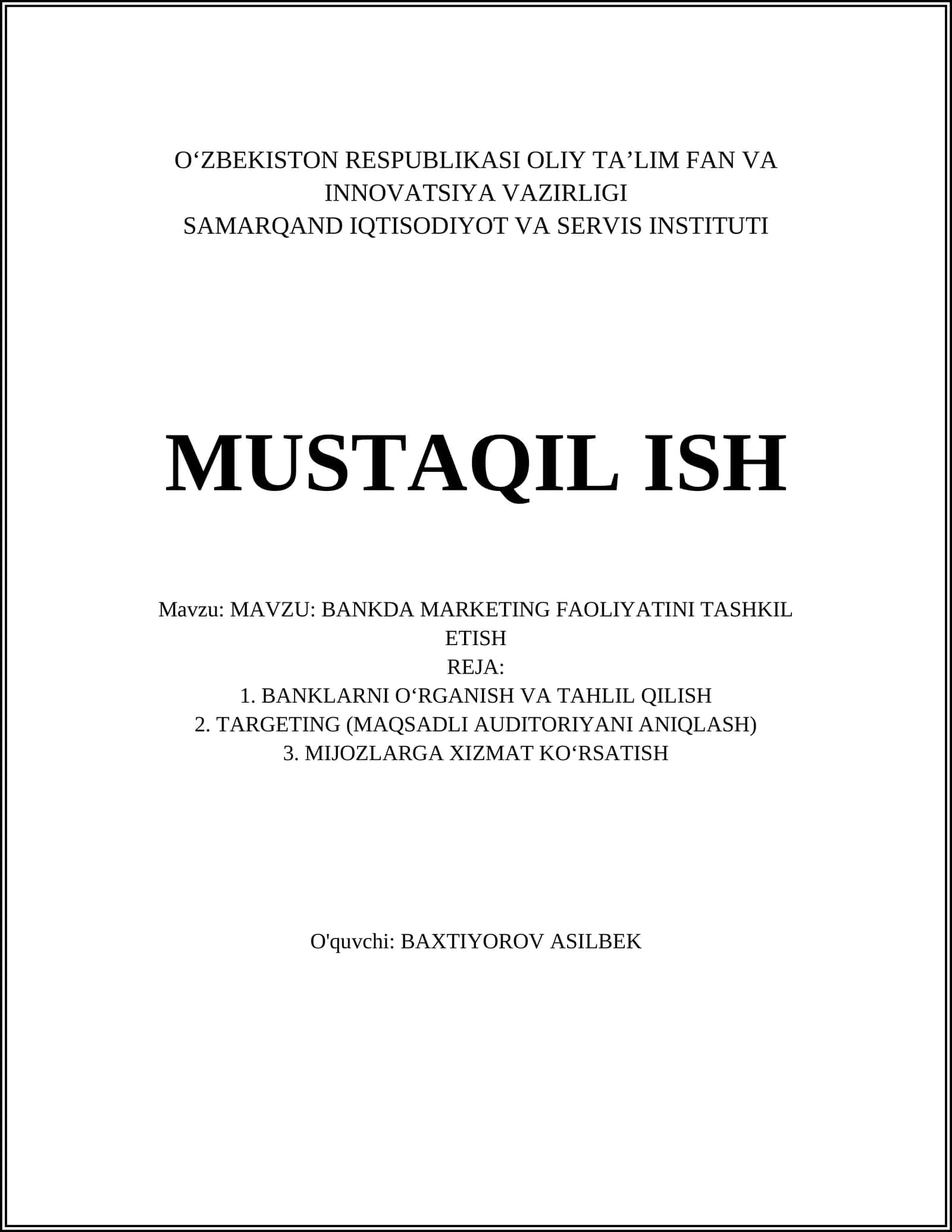 BANKDA MARKETING FAOLIYATINI TASHKIL ETISH