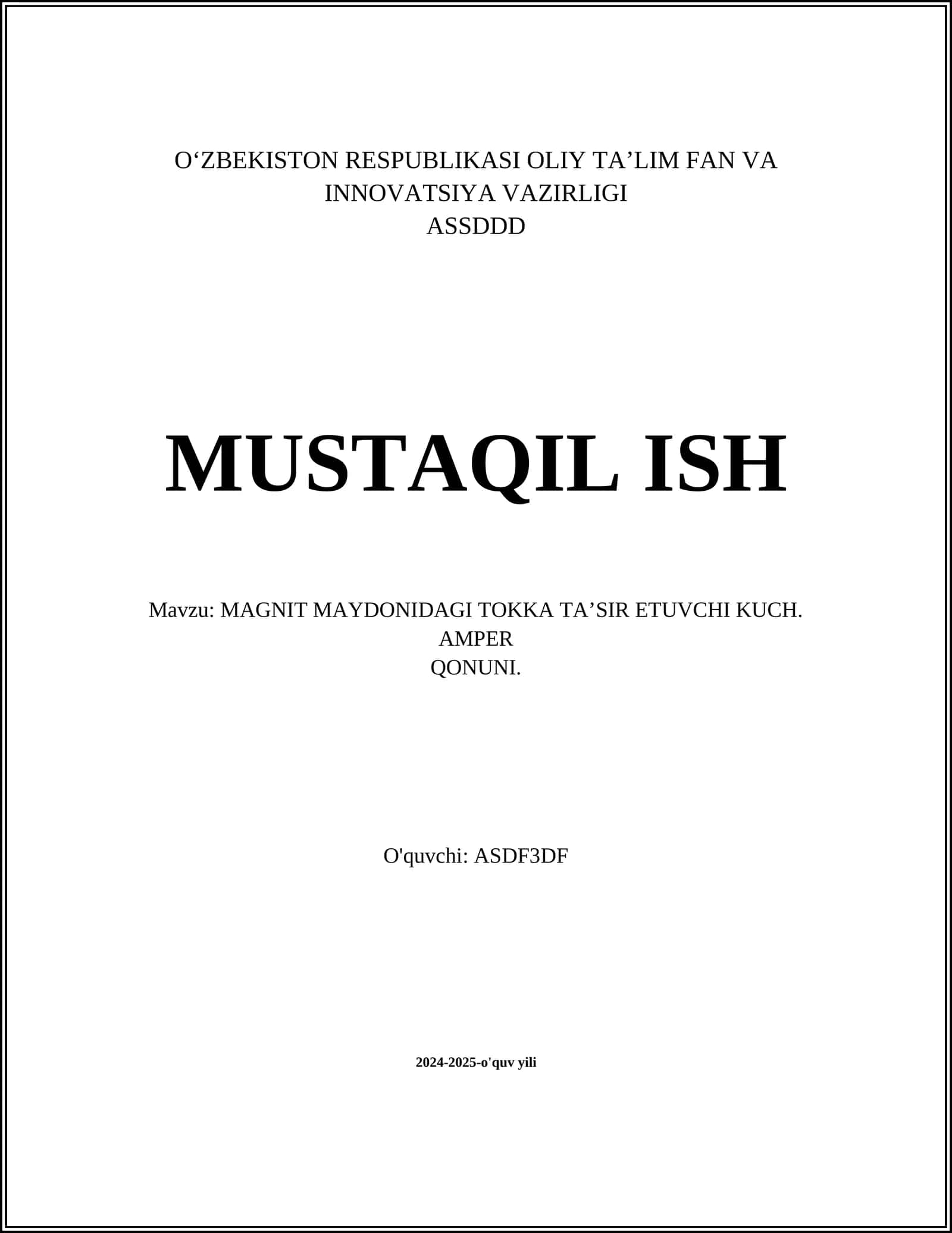 MAGNIT MAYDONIDAGI TOKKA TA’SIR ETUVCHI KUCH. AMPER QONUNI