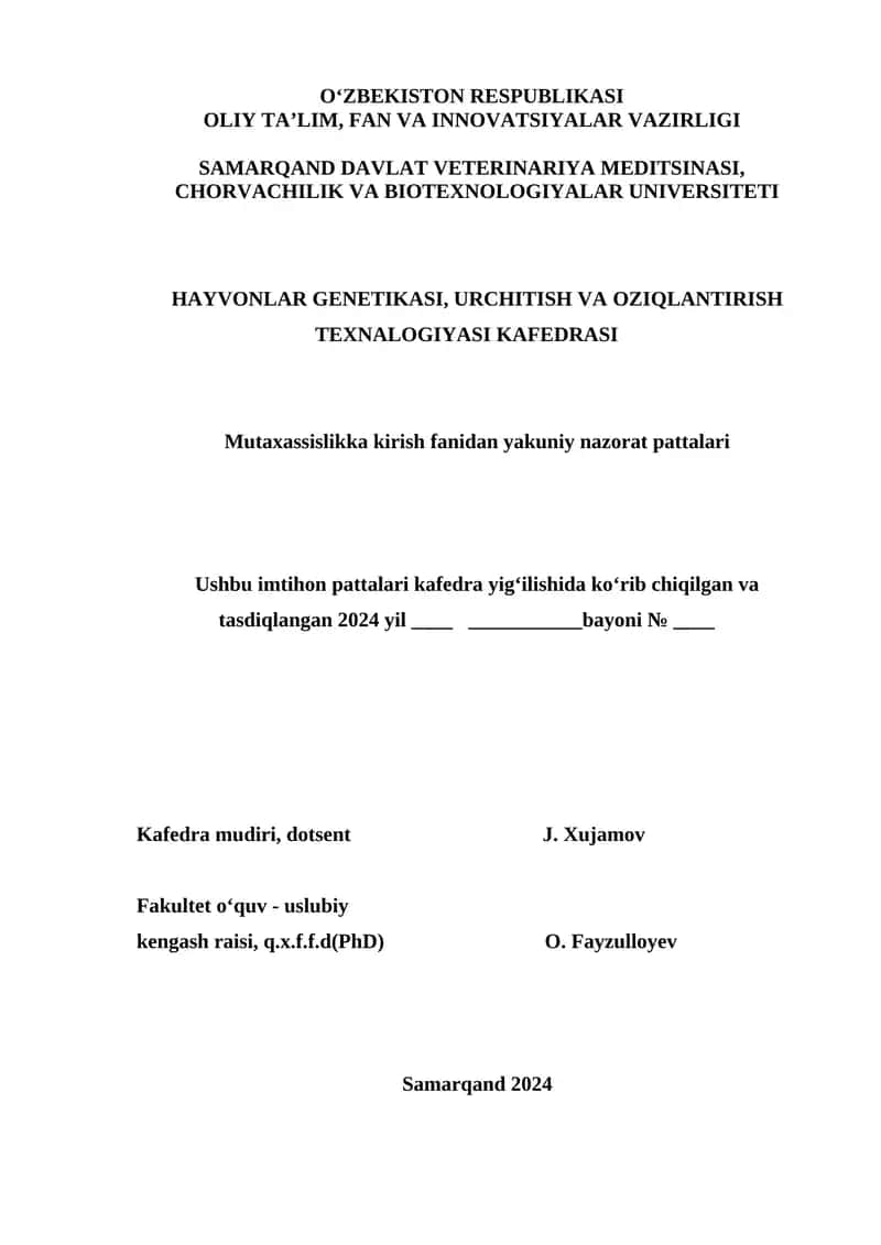 Mutaxassislikka kirish fanidan yakuniy nazorat savollari