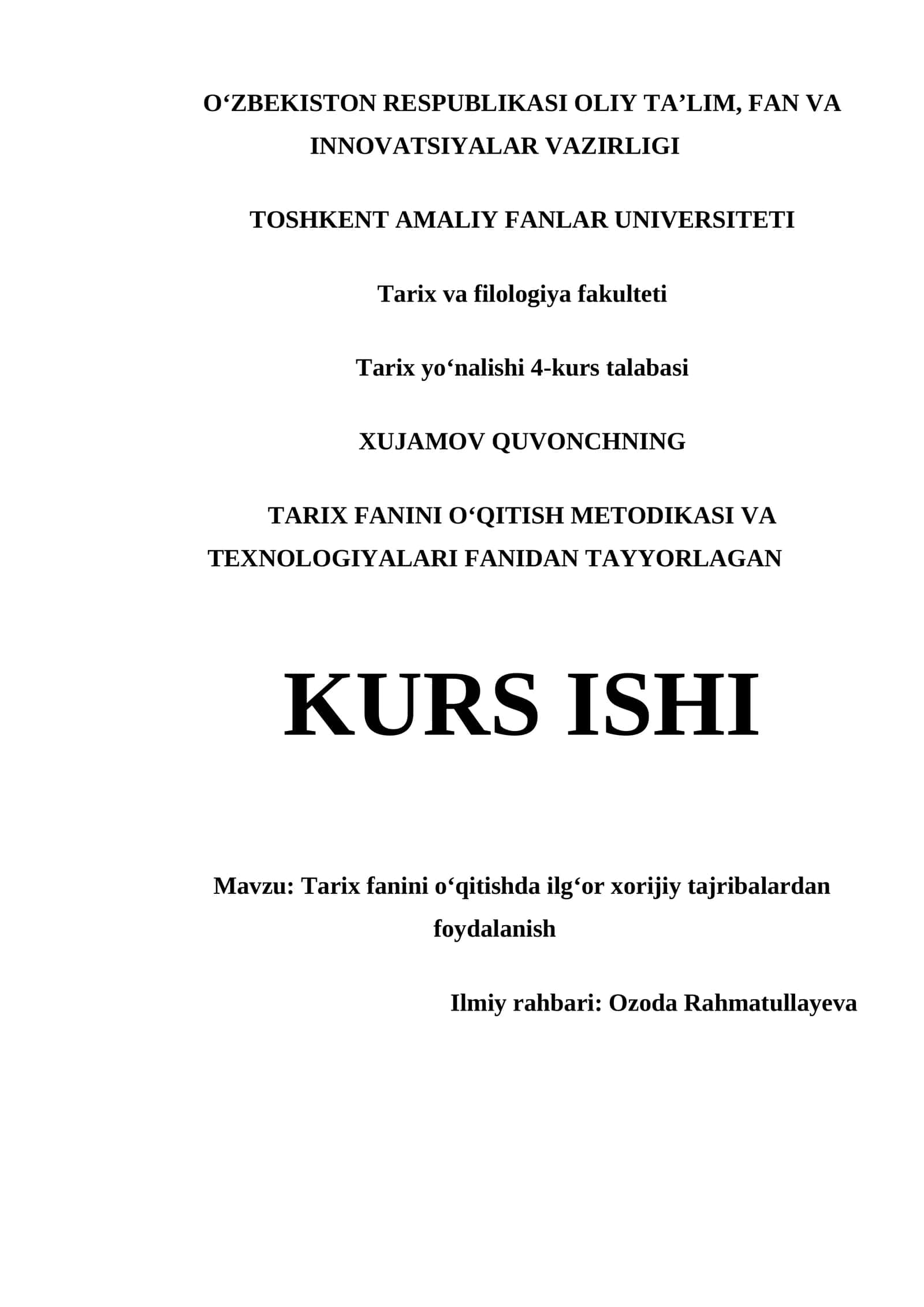 TARIX FANINI OʻQITISHDA ILGʻOR XORIJIY TAJRIBALARDAN FOYDALANISH