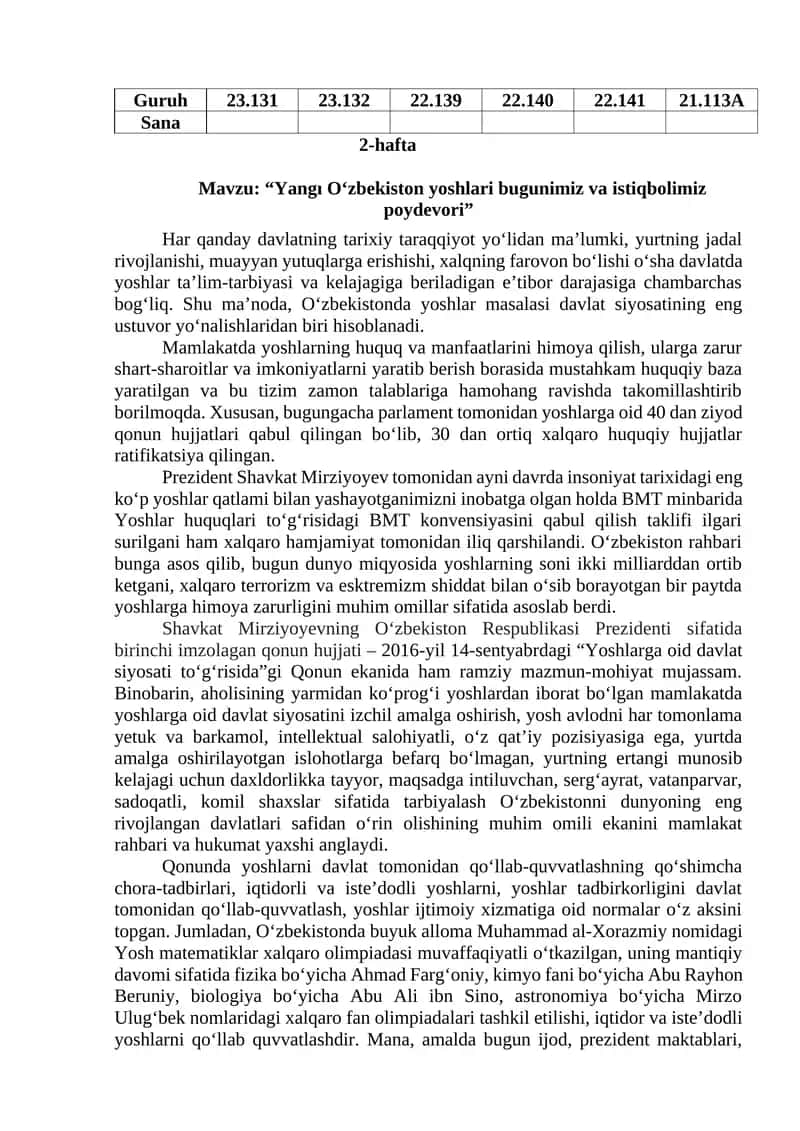 "Yangı O‘zbekiston yoshlari bugunimiz va istiqbolimiz poydevori"