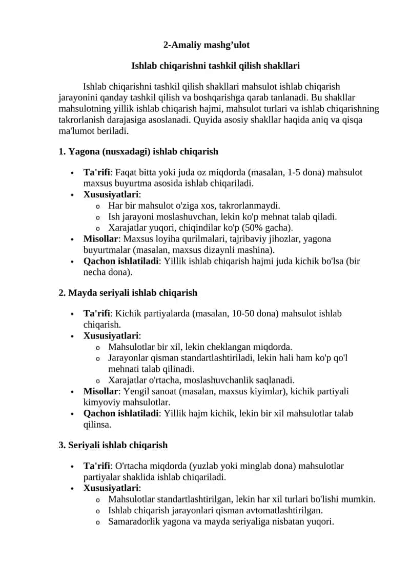 2-Amaliy mashg’ulot Ishlab chiqarishni tashkil qilish shakllari