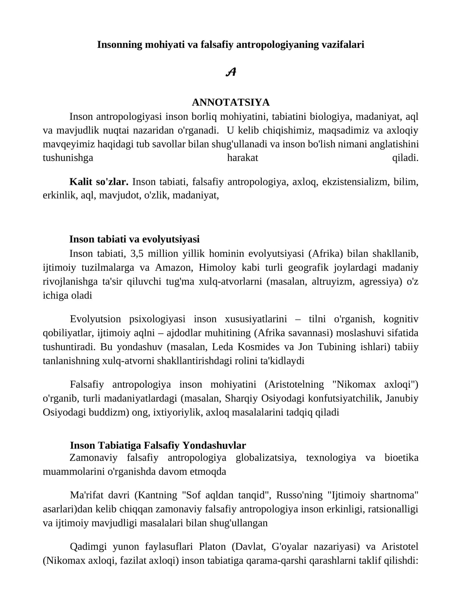 Insonning mohiyati va falsafiy antropologiyaning vazifalari