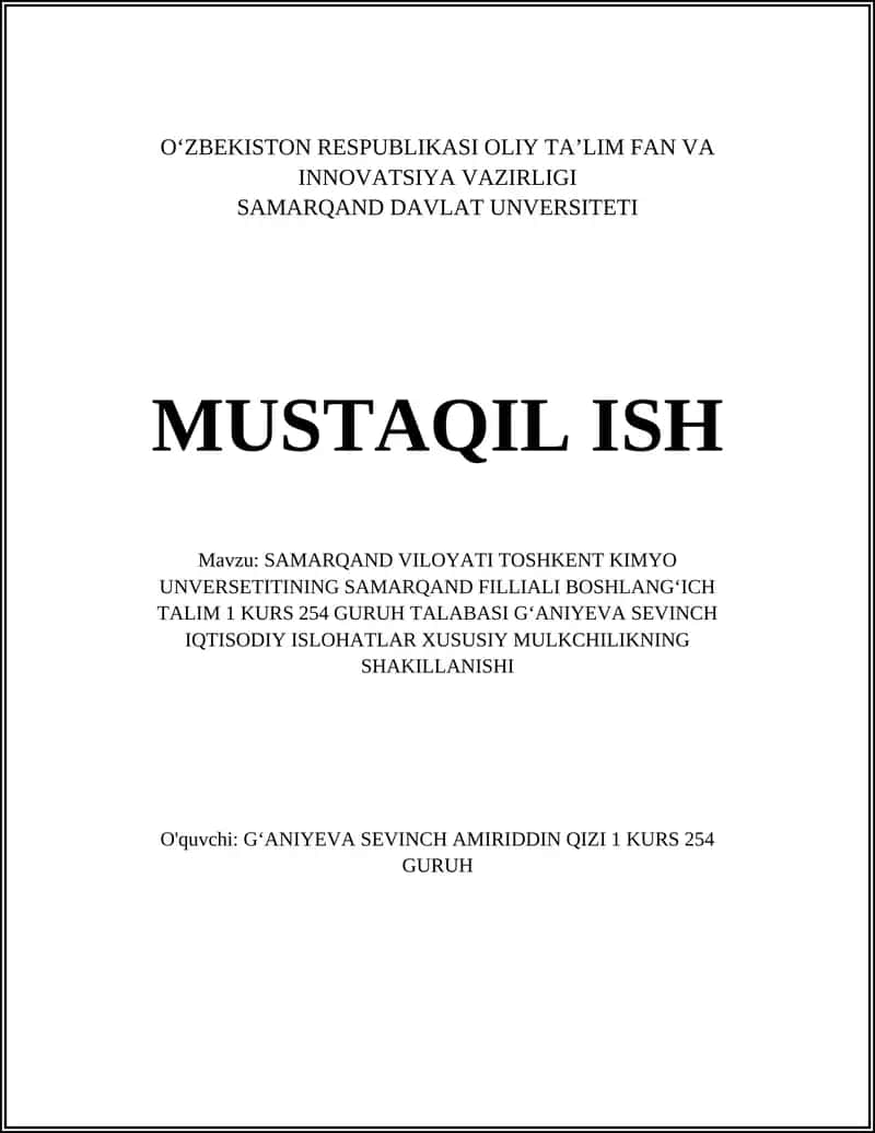 SAMARQAND VILOYATI TOSHKENT KIMYO UNVERSETITINING SAMARQAND FILLIALI BOSHLANGʻICH TALIM