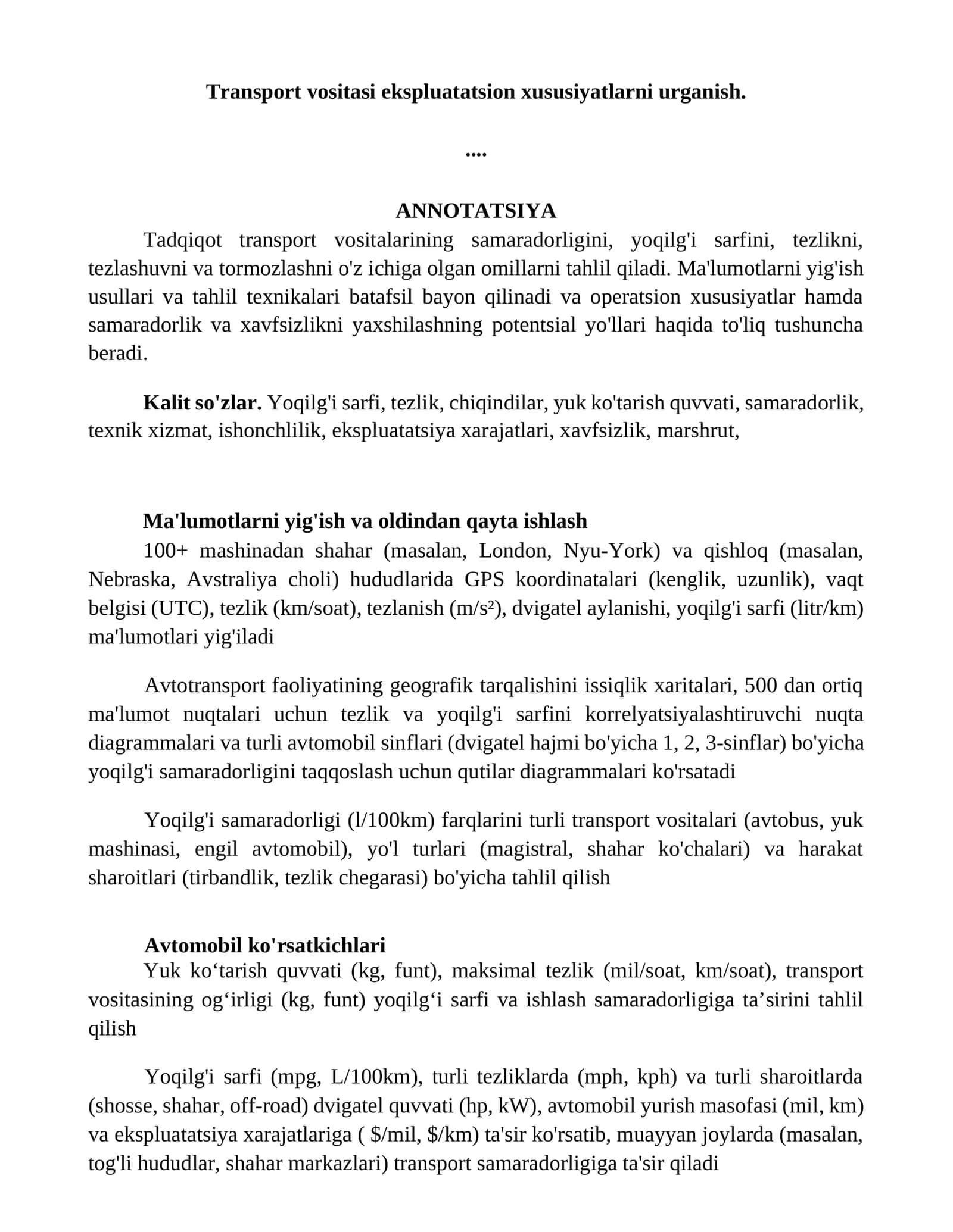 Transport vositasi ekspluatatsion xususiyatlarni urganish