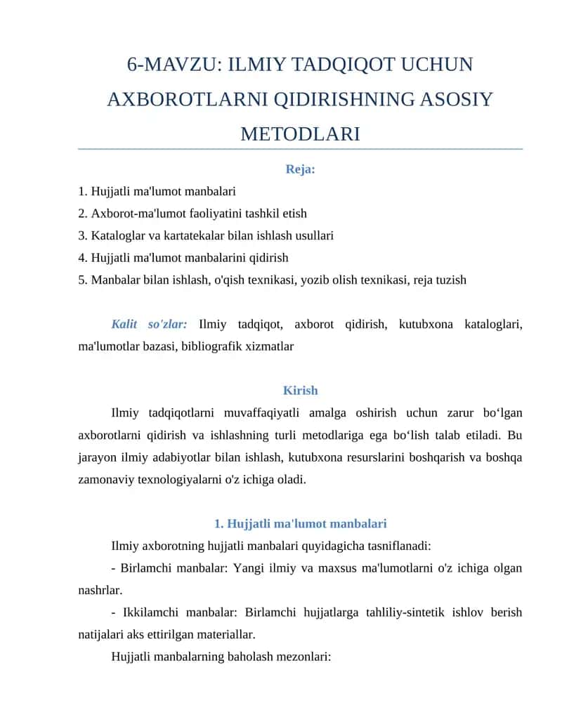 ILMIY TADQIQOT UCHUN AXBOROTLARNI QIDIRISHNING ASOSIY METODLARI
