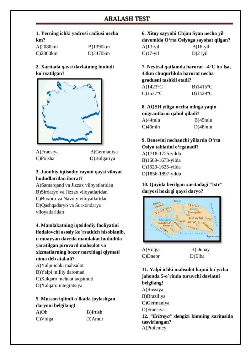 Geografiya fanidan aralash test