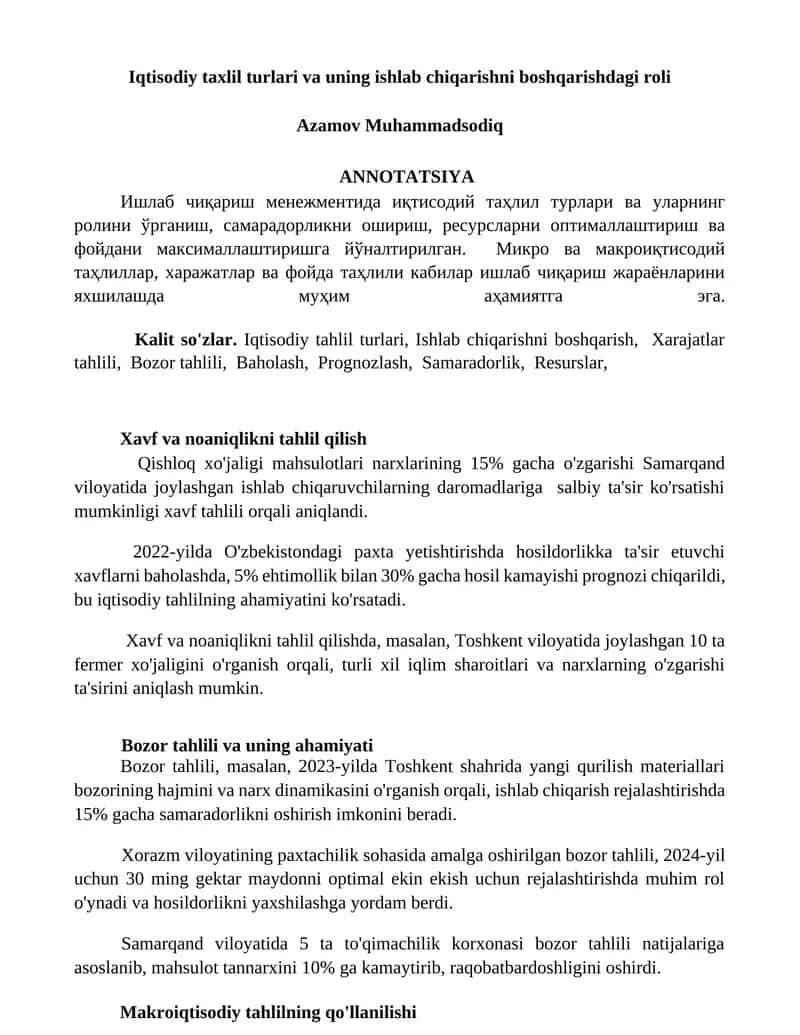 Iqtisodiy taxlil turlari va uning ishlab chiqarishni boshqarishdagi roli