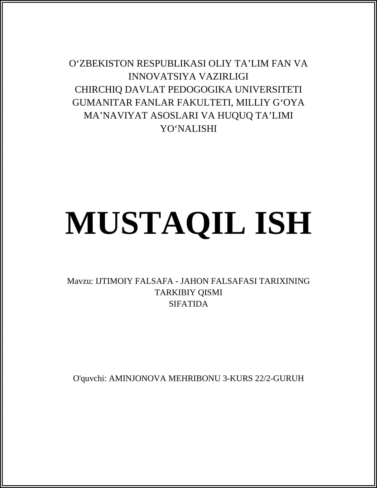 IJTIMOIY FALSAFA - JAHON FALSAFASI TARIXINING TARKIBIY QISMI