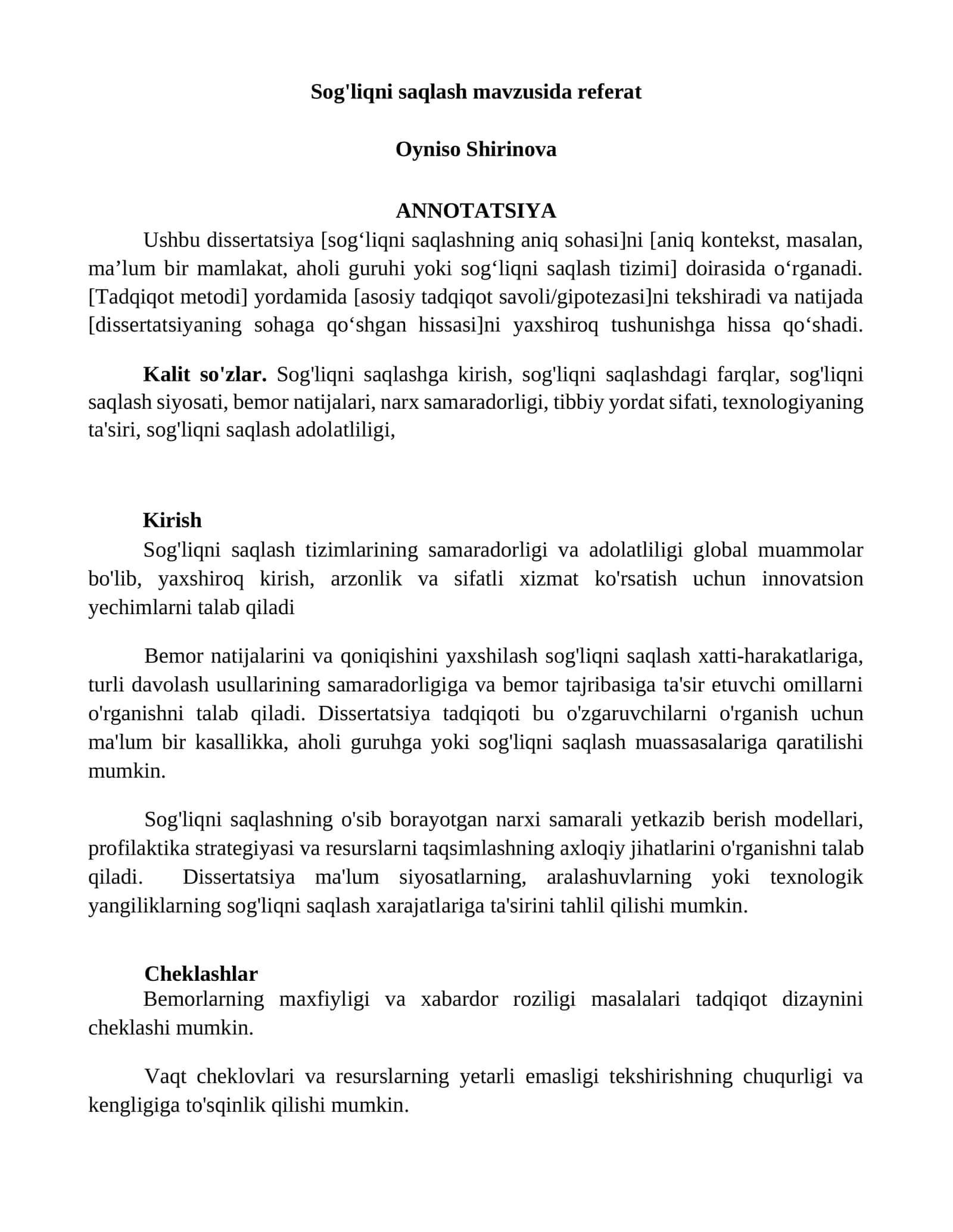 Sog'liqni saqlash mavzusida referat