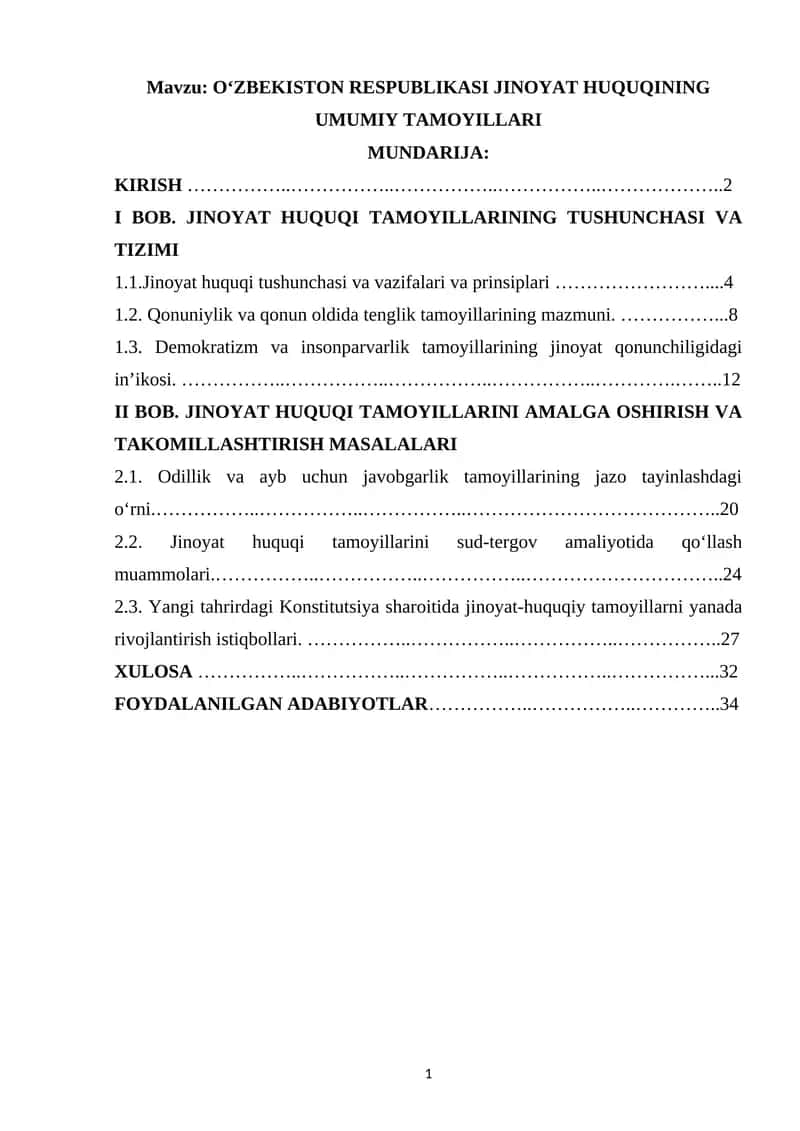 O‘ZBEKISTON RESPUBLIKASI JINOYAT HUQUQINING UMUMIY TAMOYILLARI