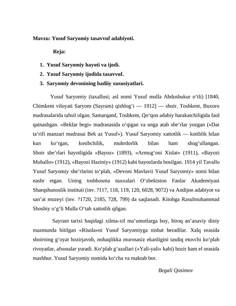 Yusuf Saryomiy tasavvuf adabiyoti