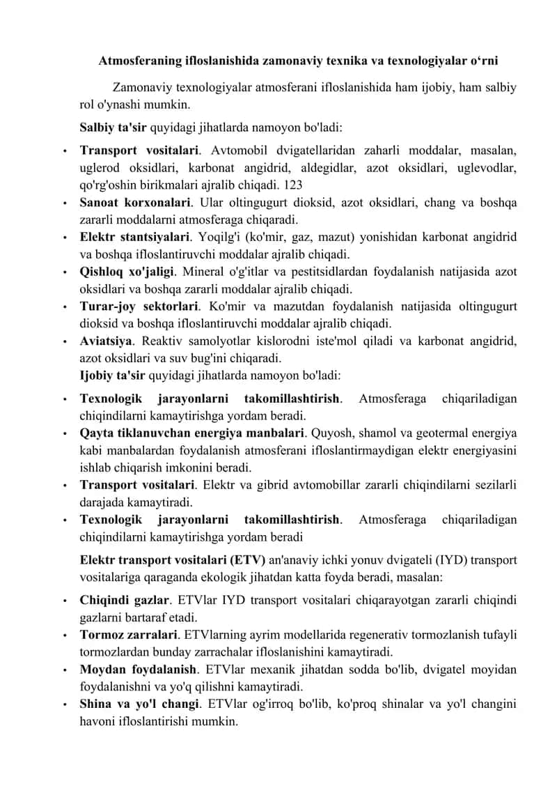 Atmosferaning ifloslanishida zamonaviy texnika va texnologiyalar o‘rni