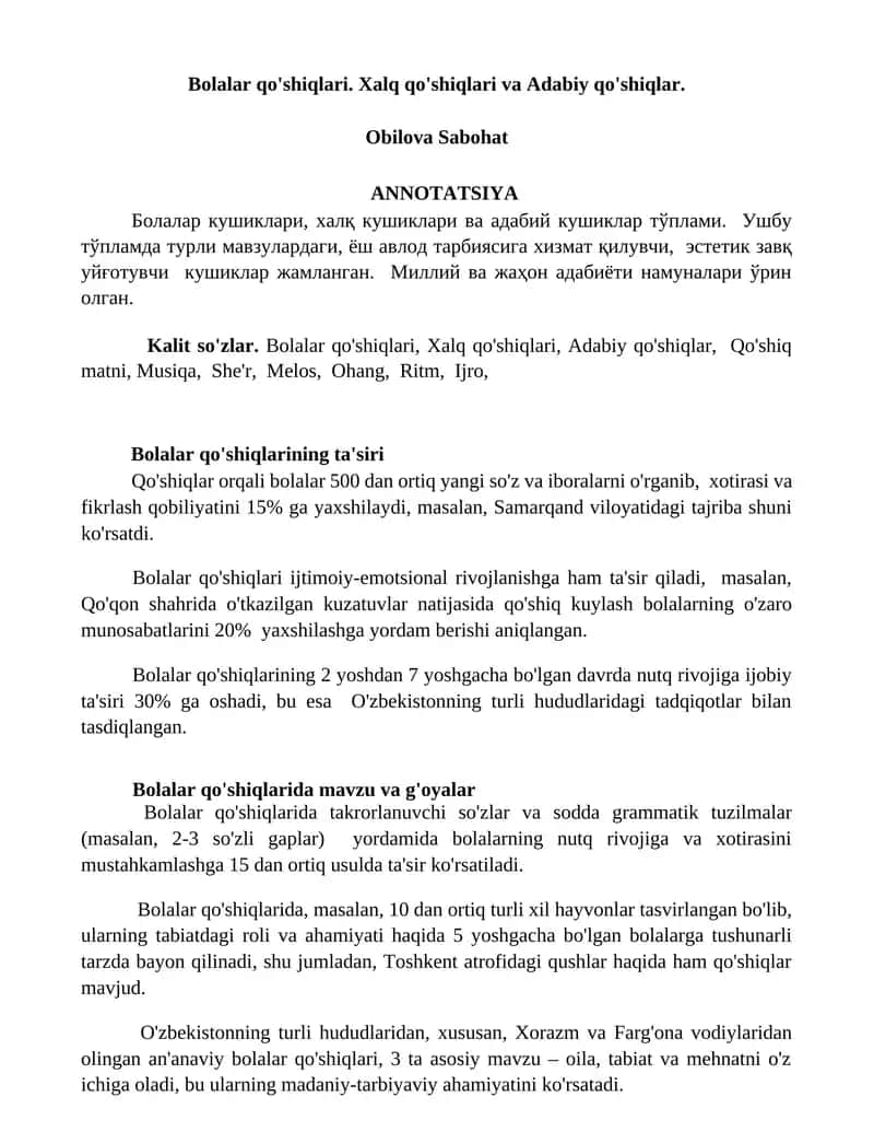 Bolalar qo'shiqlari. Xalq qo'shiqlari va Adabiy qo'shiqlar