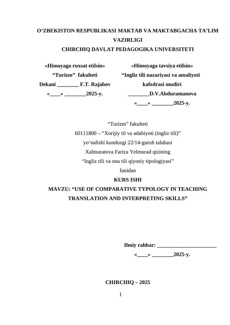 KURS ISHI - “USE OF COMPARATIVE TYPOLOGY IN TEACHING TRANSLATION AND INTERPRETING SKILLS”