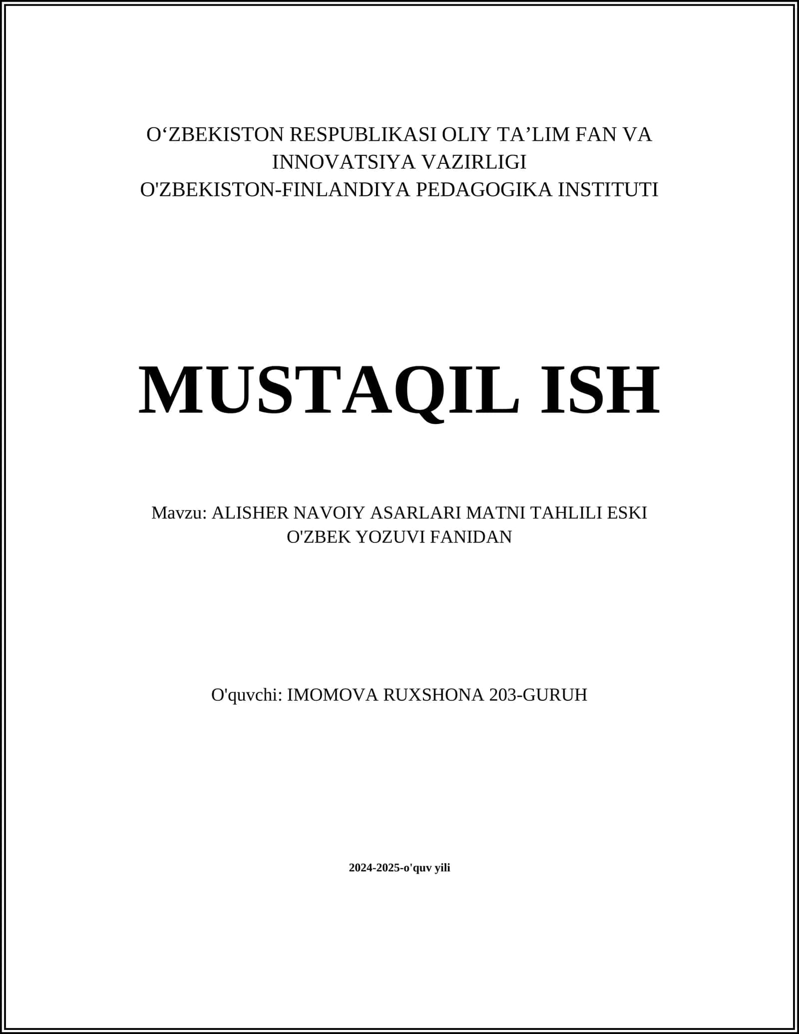 ALISHER NAVOIY ASARLARI MATNI TAHLILI ESKI O'ZBEK YOZUVI FANIDAN