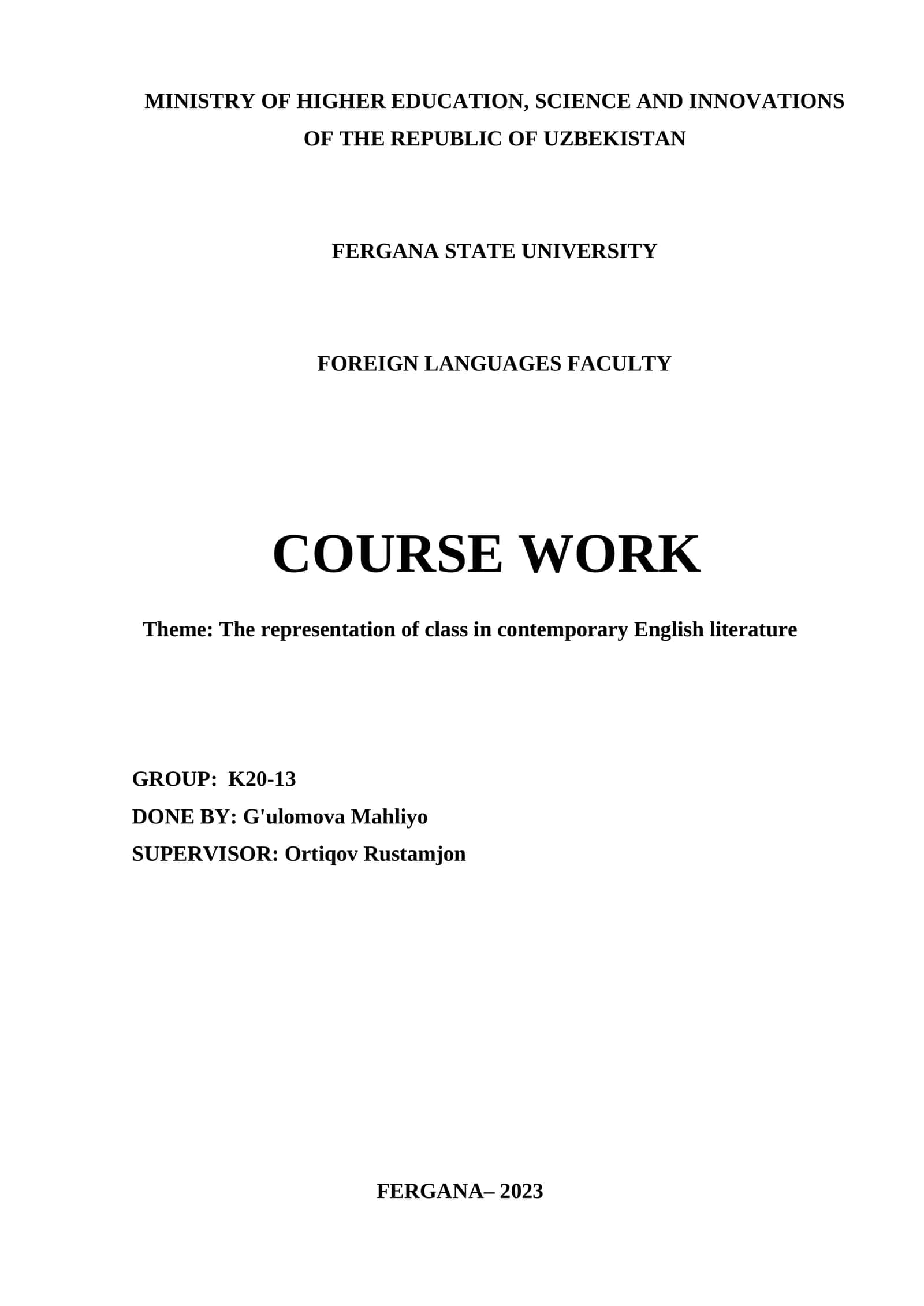 Course Work on The Representation of Class in Contemporary English Literature