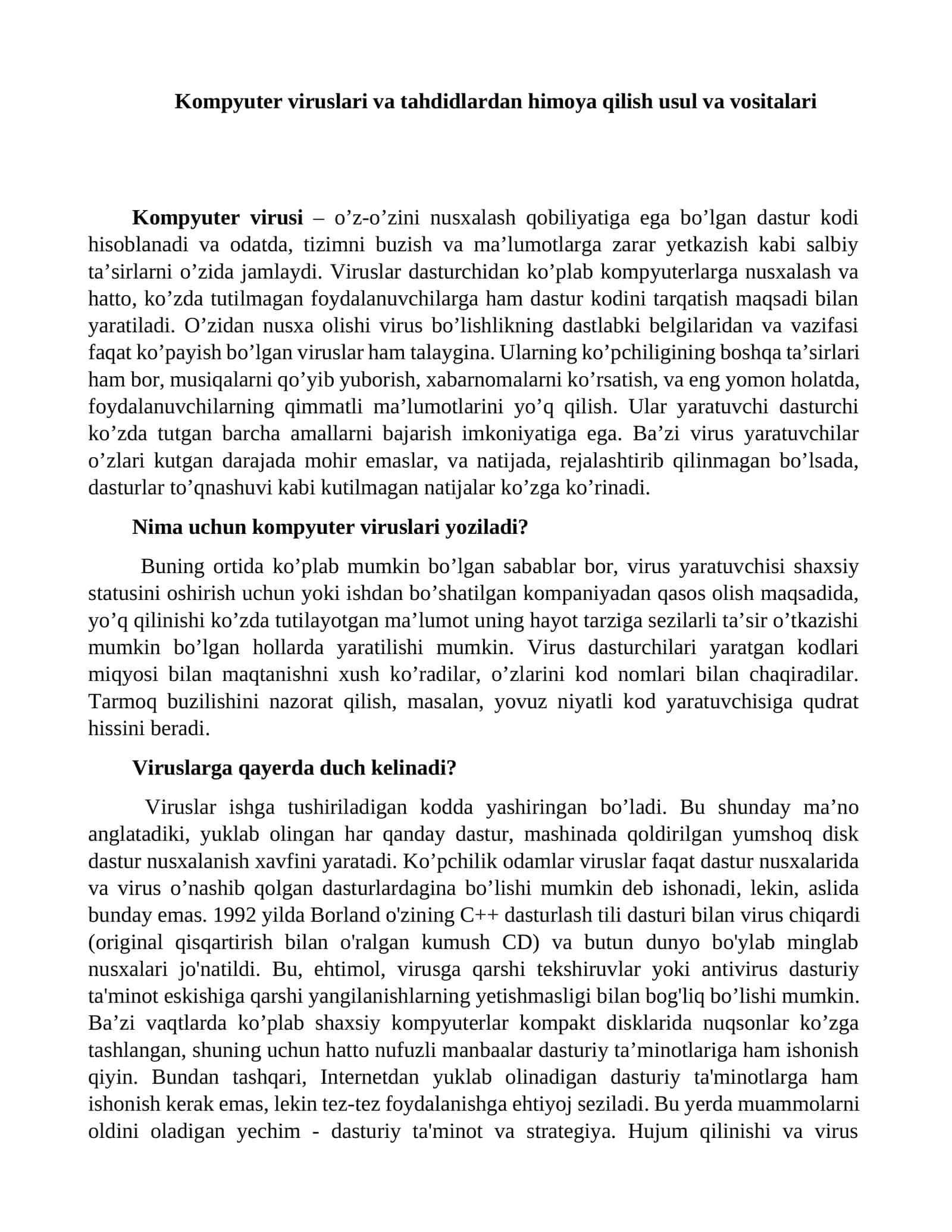 Kompyuter viruslari va tahdidlardan himoya qilish usul va vositalari