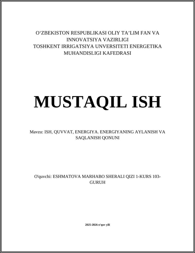 ENERGIYANING AYLANISH VA SAQLANISH QONUNI