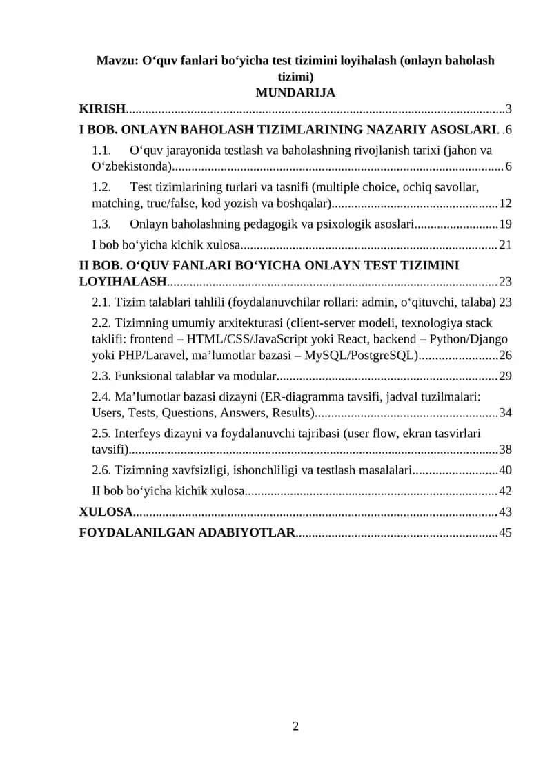 O‘quv fanlari bo‘yicha test tizimini loyihalash (onlayn baholash tizimi)