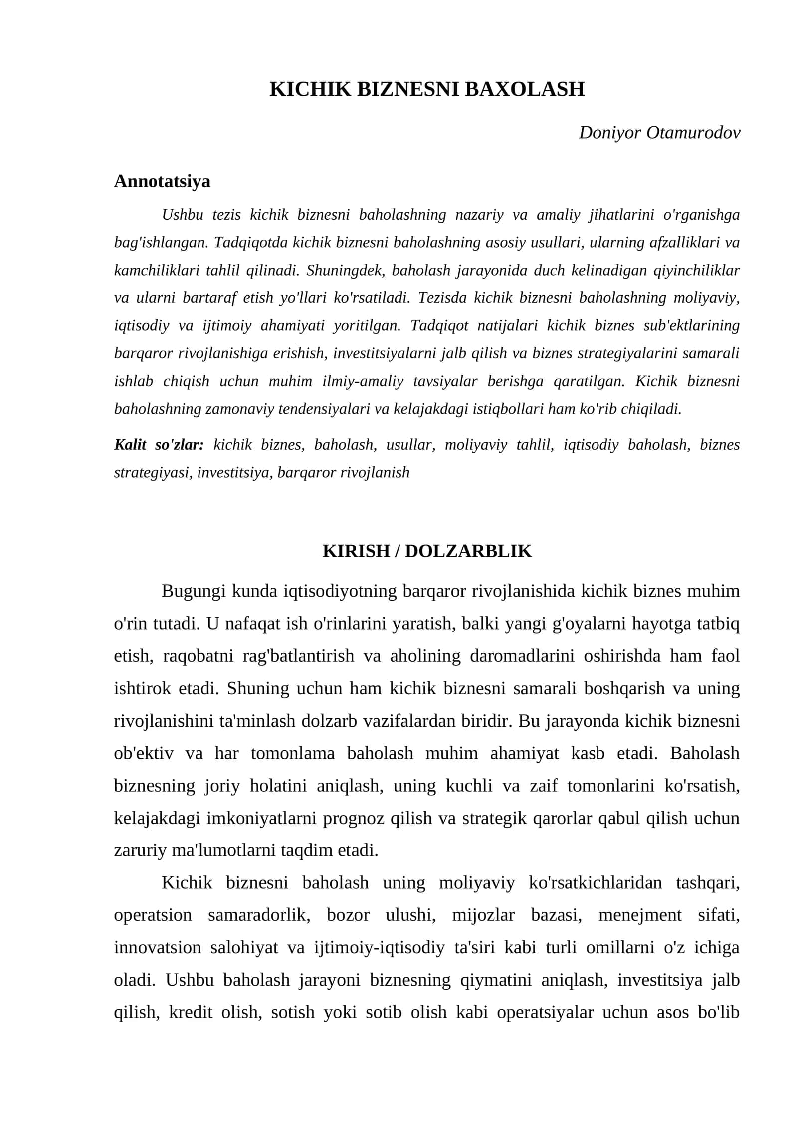 KICHIK BIZNESNI BAXOLASH