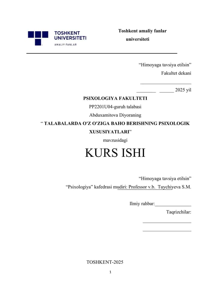 TALABALARDA O'Z O'ZIGA BAHO BERISHNING PSIXOLOGIK XUSUSIYATLARI.