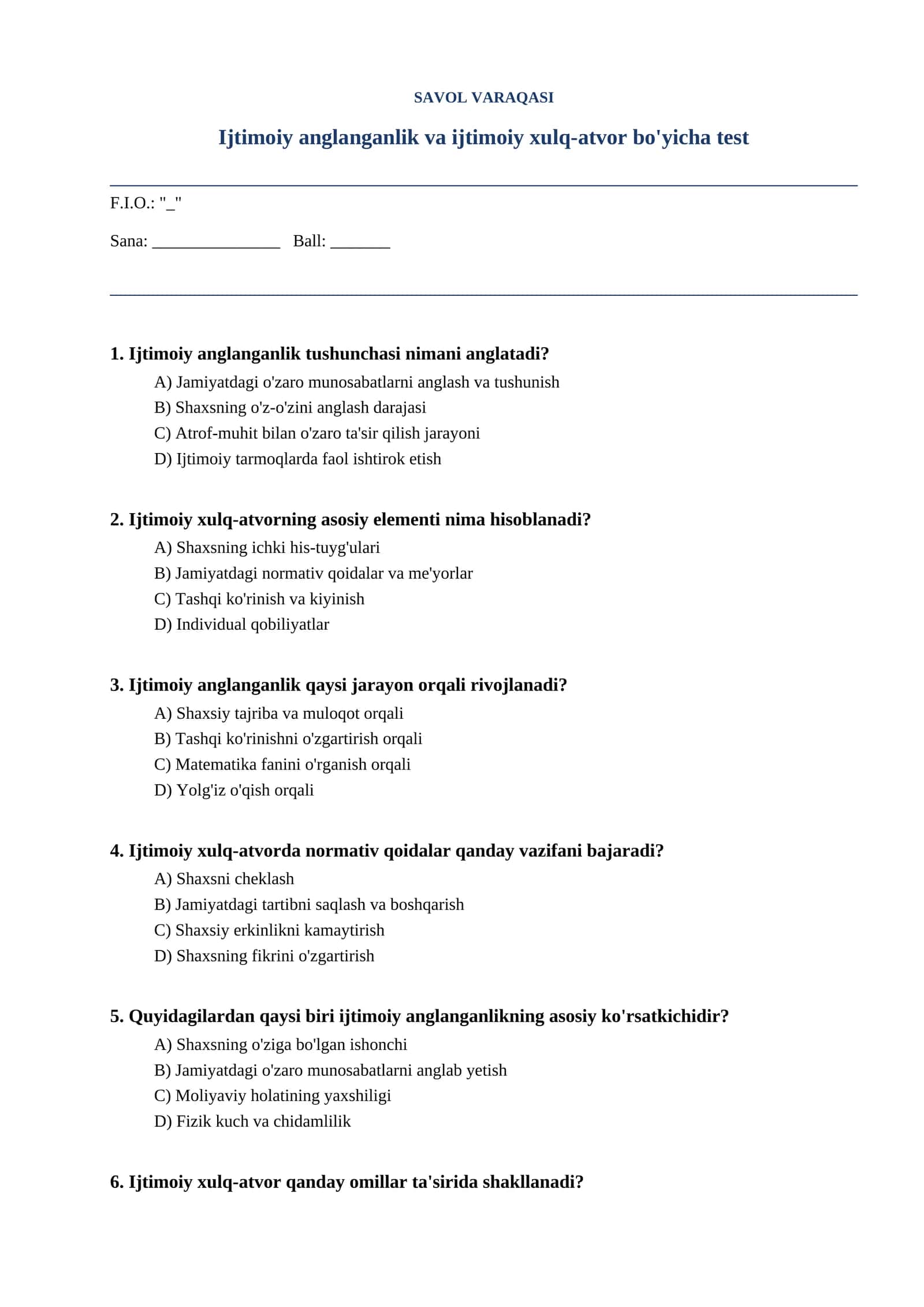 Ijtimoiy anglanganlik va ijtimoiy xulq-atvor bo'yicha test