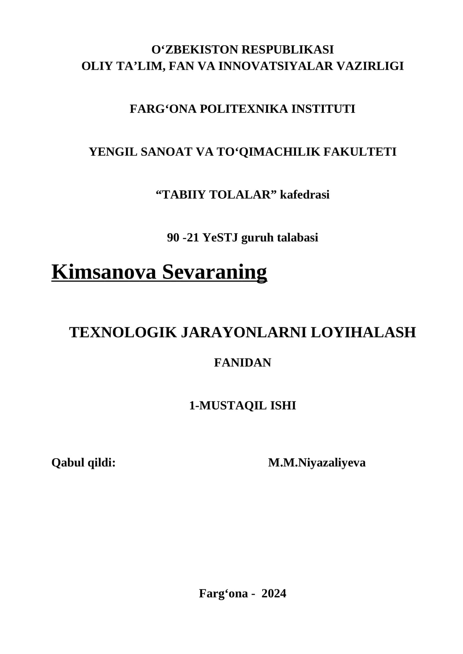 TEXNOLOGIK JARAYONLARNI LOYIHALASH FANI