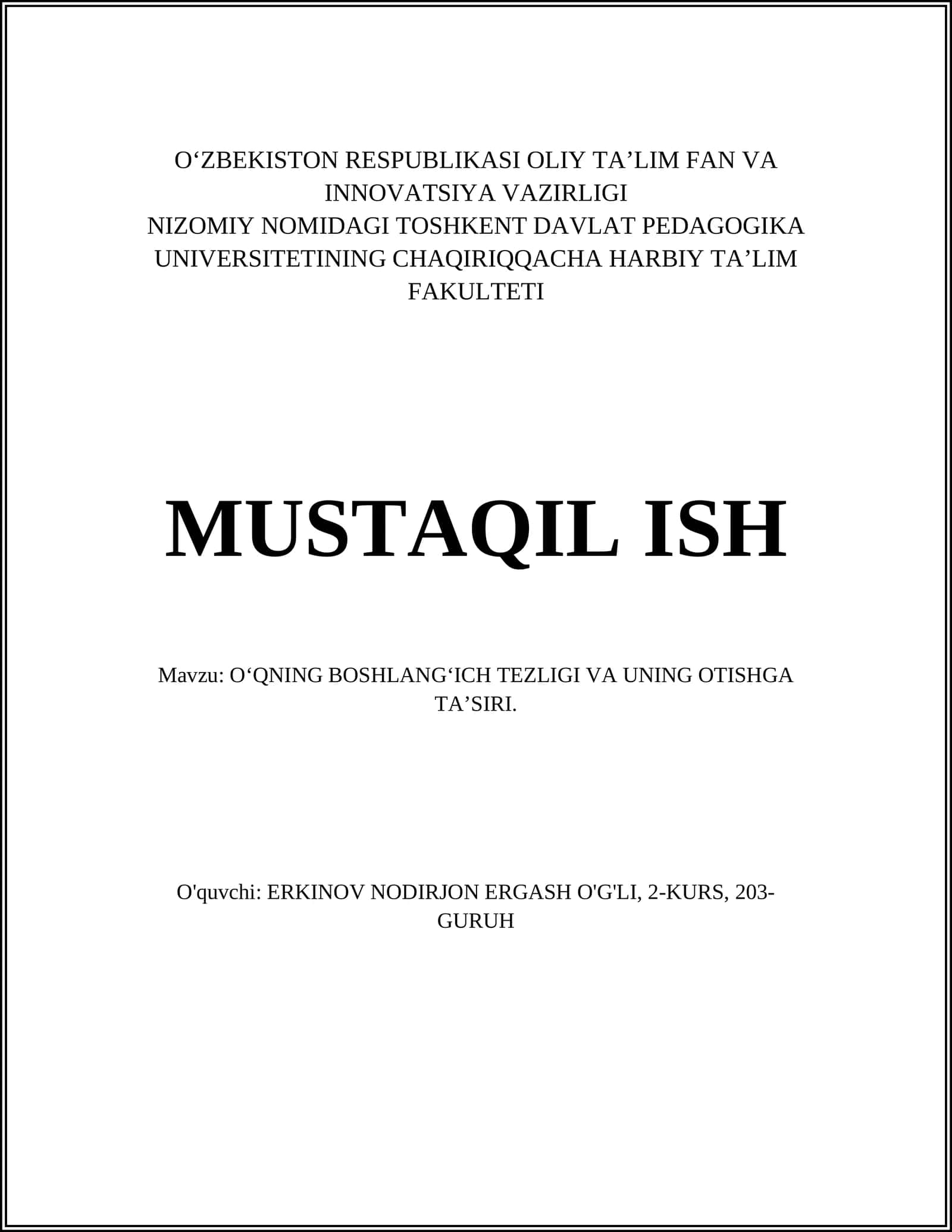 O‘QNING BOSHLANG‘ICH TEZLIGI VA UNING OTISHGA TA’SIRI