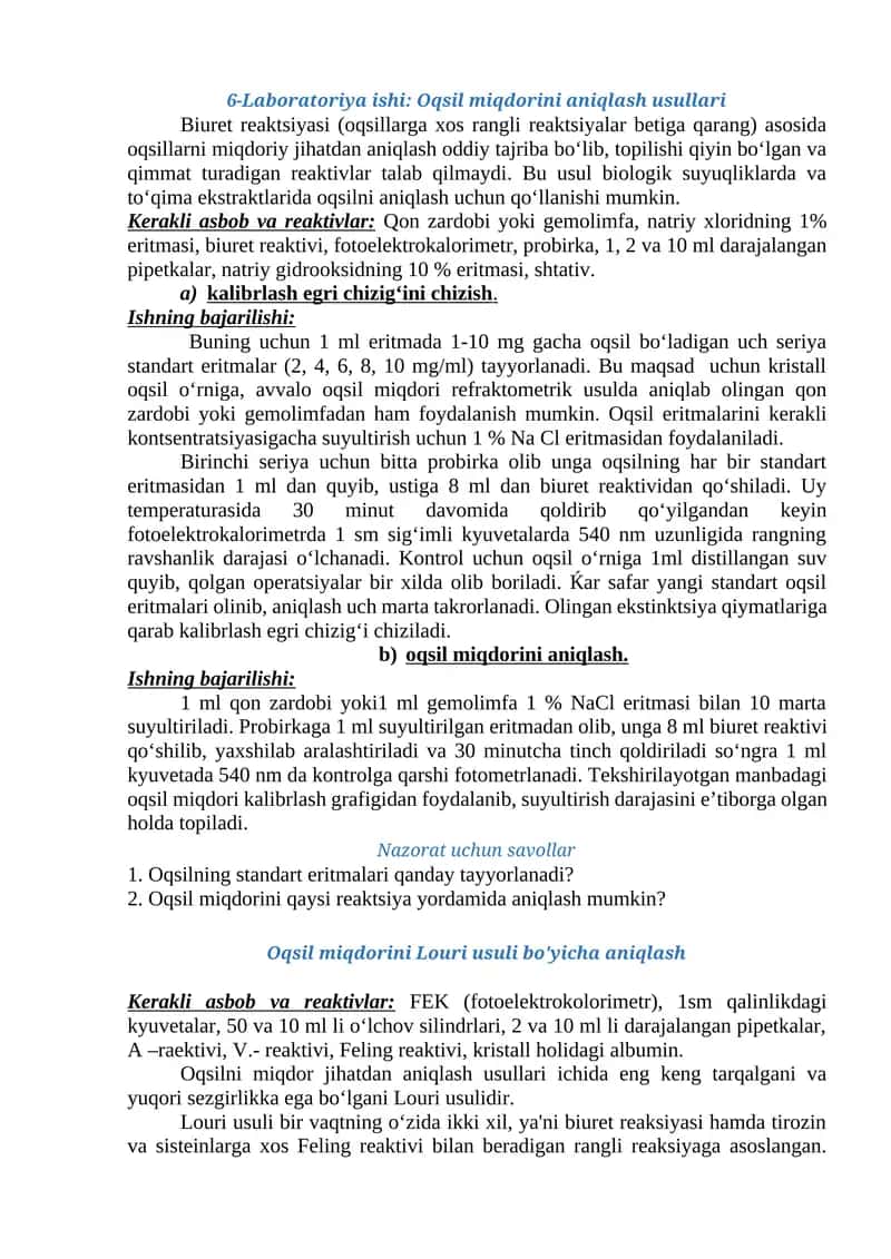 Laboratoriya ishi: Oqsil miqdorini aniqlash usullari