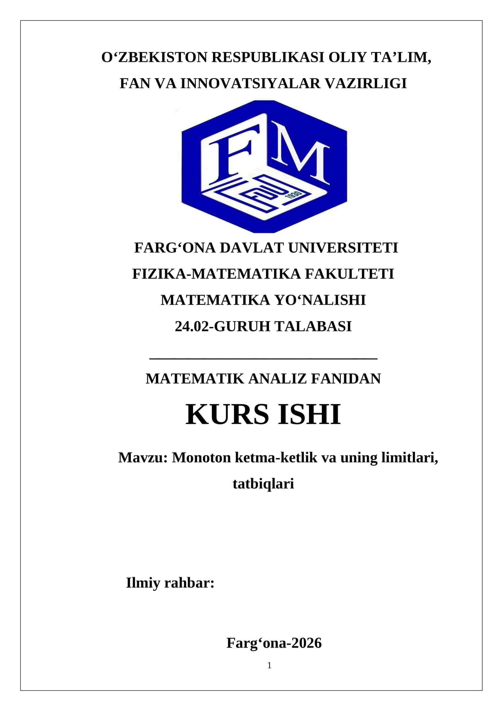 Monoton ketma-ketlik va uning limitlari, tatbiqlari 26