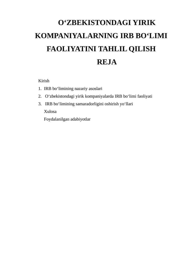 O‘ZBEKISTONDAGI YIRIK KOMPANIYALARNING IRB BO‘LIMI FAOLIYATINI TAHLIL QILISH