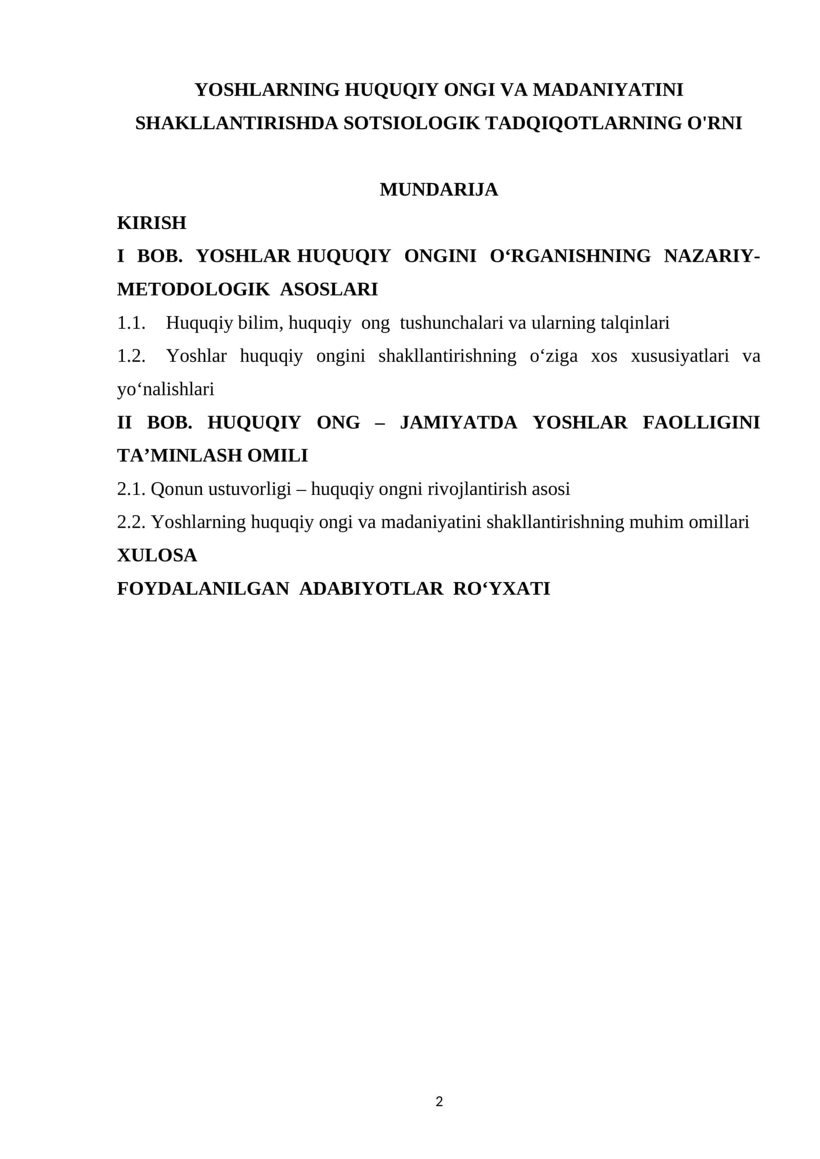YOSHLARNING HUQUQIY ONGI VA MADANIYATINI SHAKLLANTIRISHDA SOTSIOLOGIK TADQIQOTLARNING O'RNI