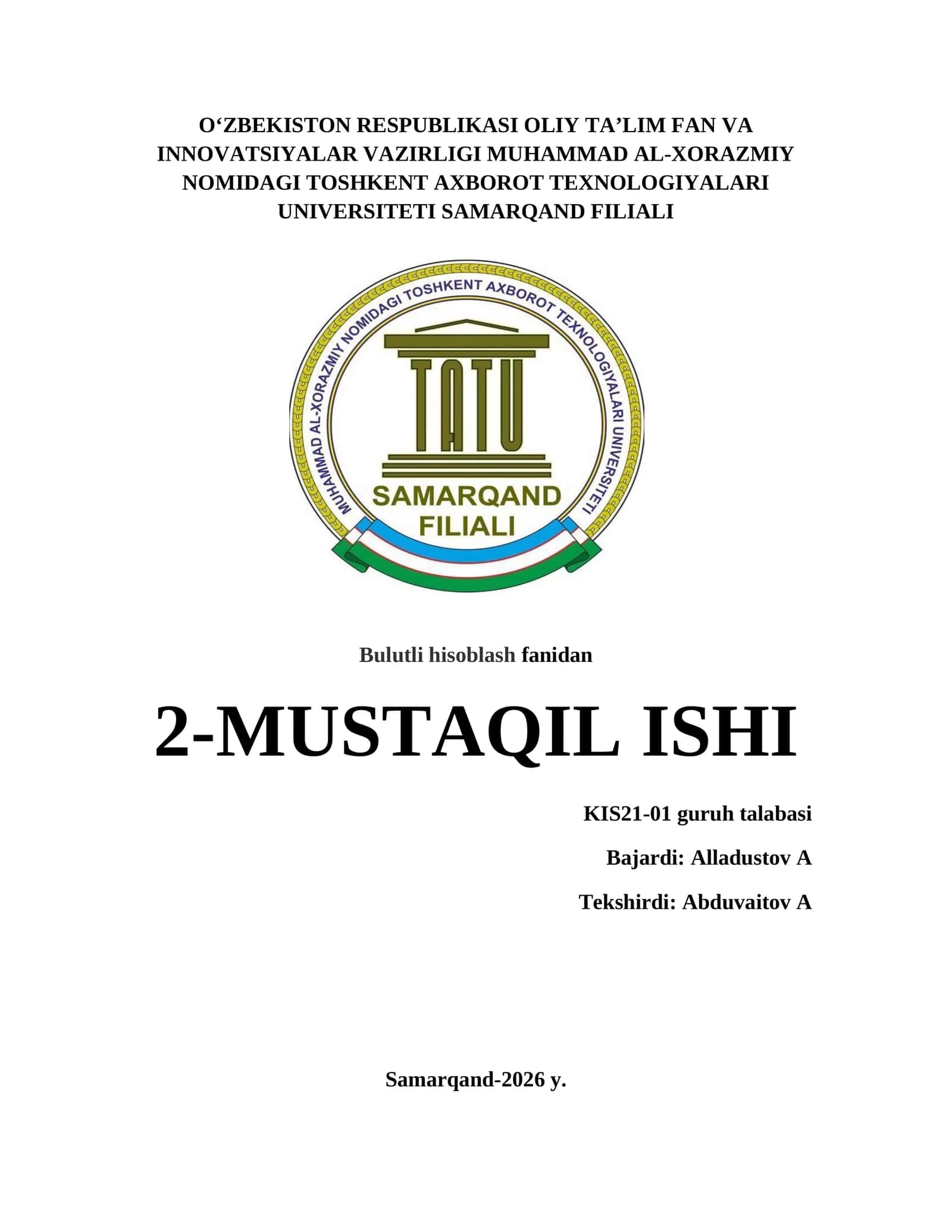Bulutli hisoblash fanidan 2-MUSTAQIL ISHI