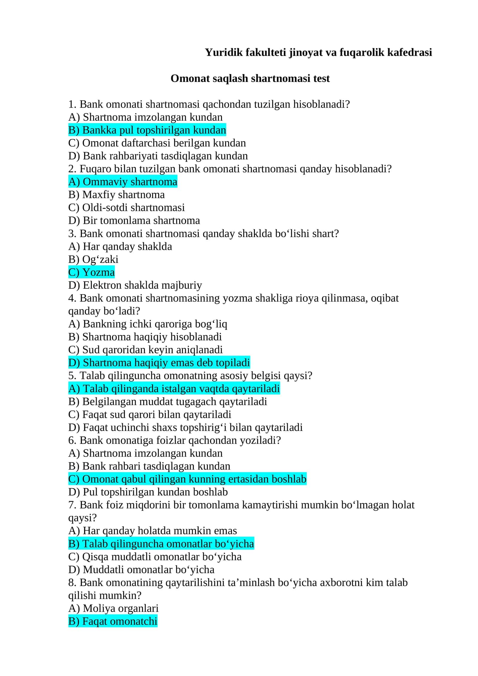 Omonat saqlash shartnomasi test