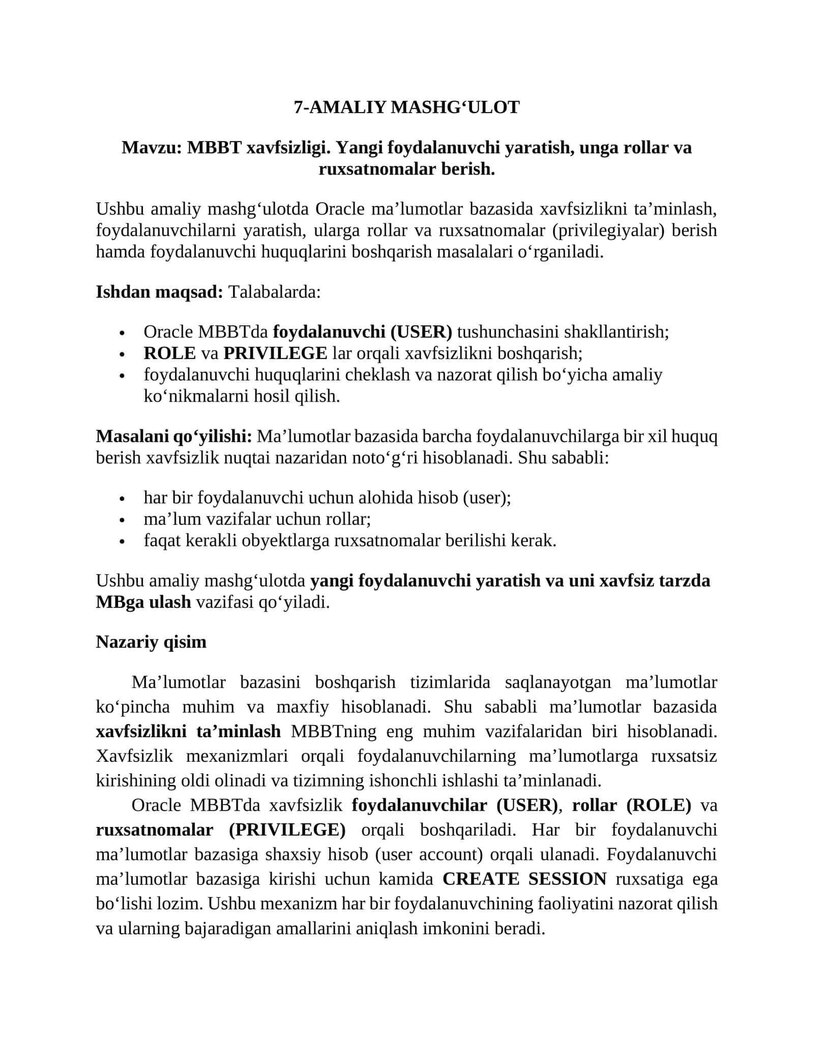 MBBT xavfsizligi. Yangi foydalanuvchi yaratish, unga rollar va ruxsatnomalar berish