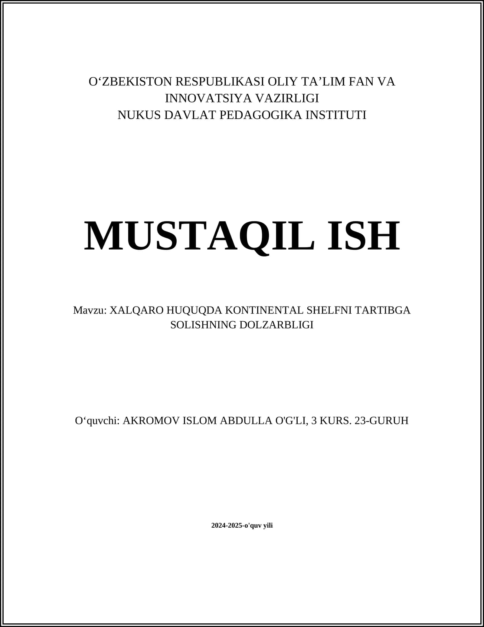 XALQARO HUQUQDA KONTINENTAL SHELFNI TARTIBGA SOLISHNING DOLZARBLIGI