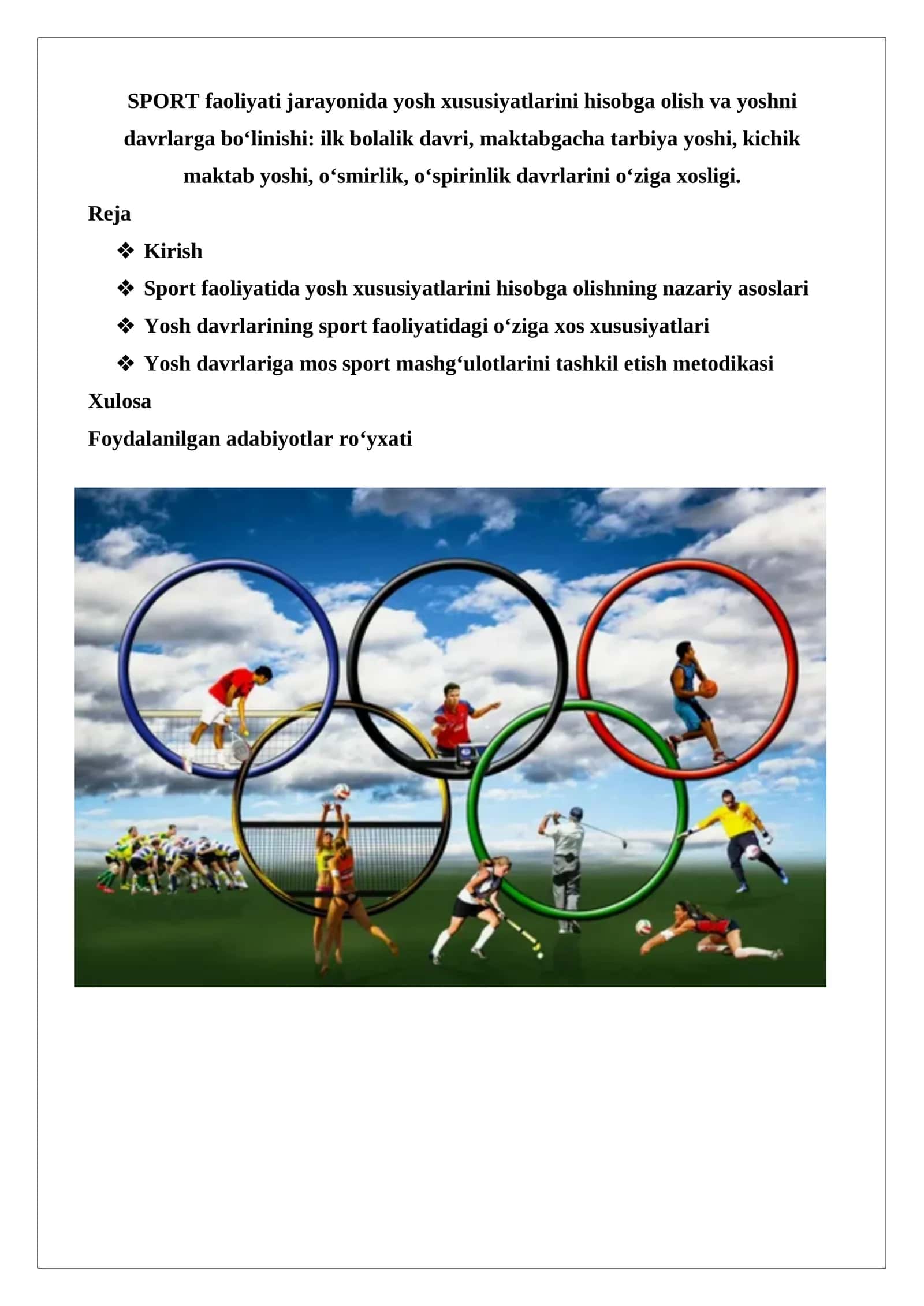 Sport faoliyatida yosh xususiyatlarini hisobga olish