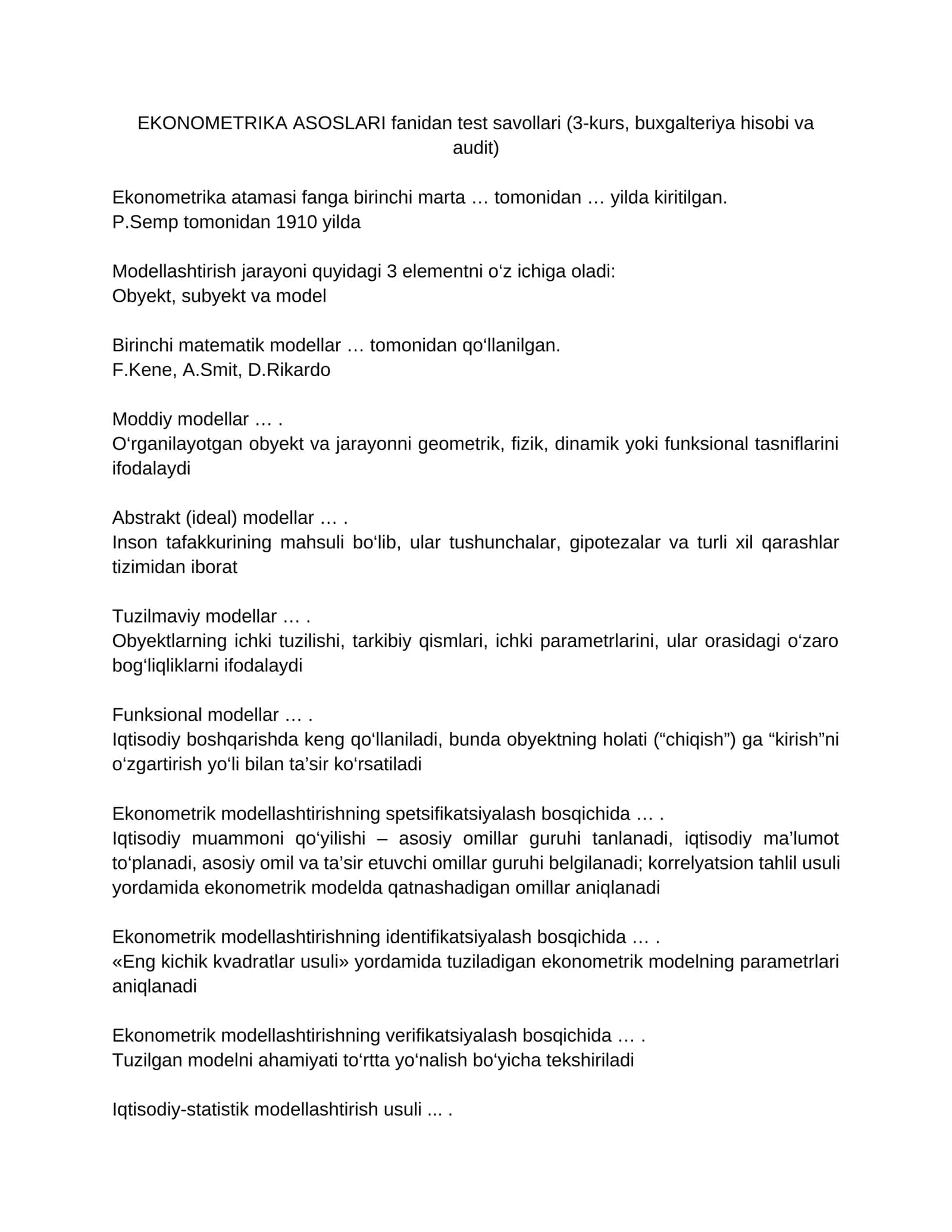 EKONOMETRIKA ASOSLARI fanidan test savollari (3-kurs, buxgalteriya hisobi va audit)