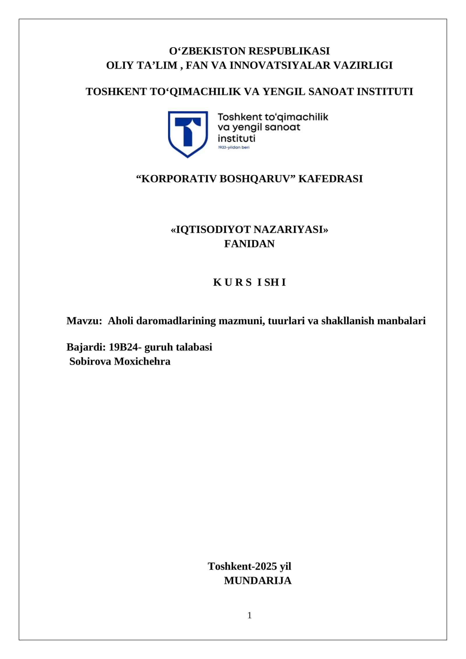 Aholi daromadlarining mazmuni, tuurlari va shakllanish manbalari