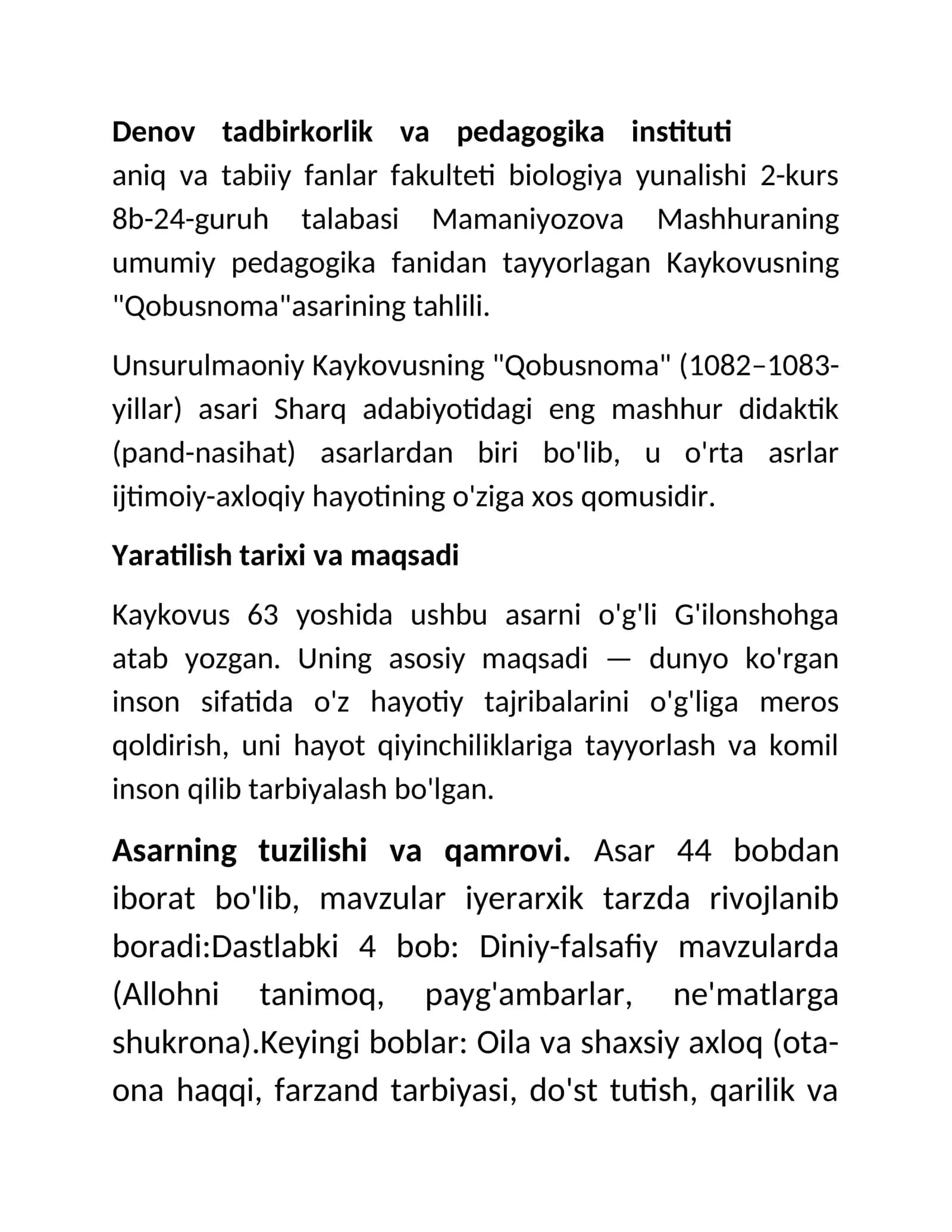Kaykovusning "Qobusnoma" asarining tahlili