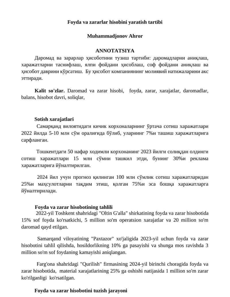 Foyda va zararlar hisobini yaratish tartibi