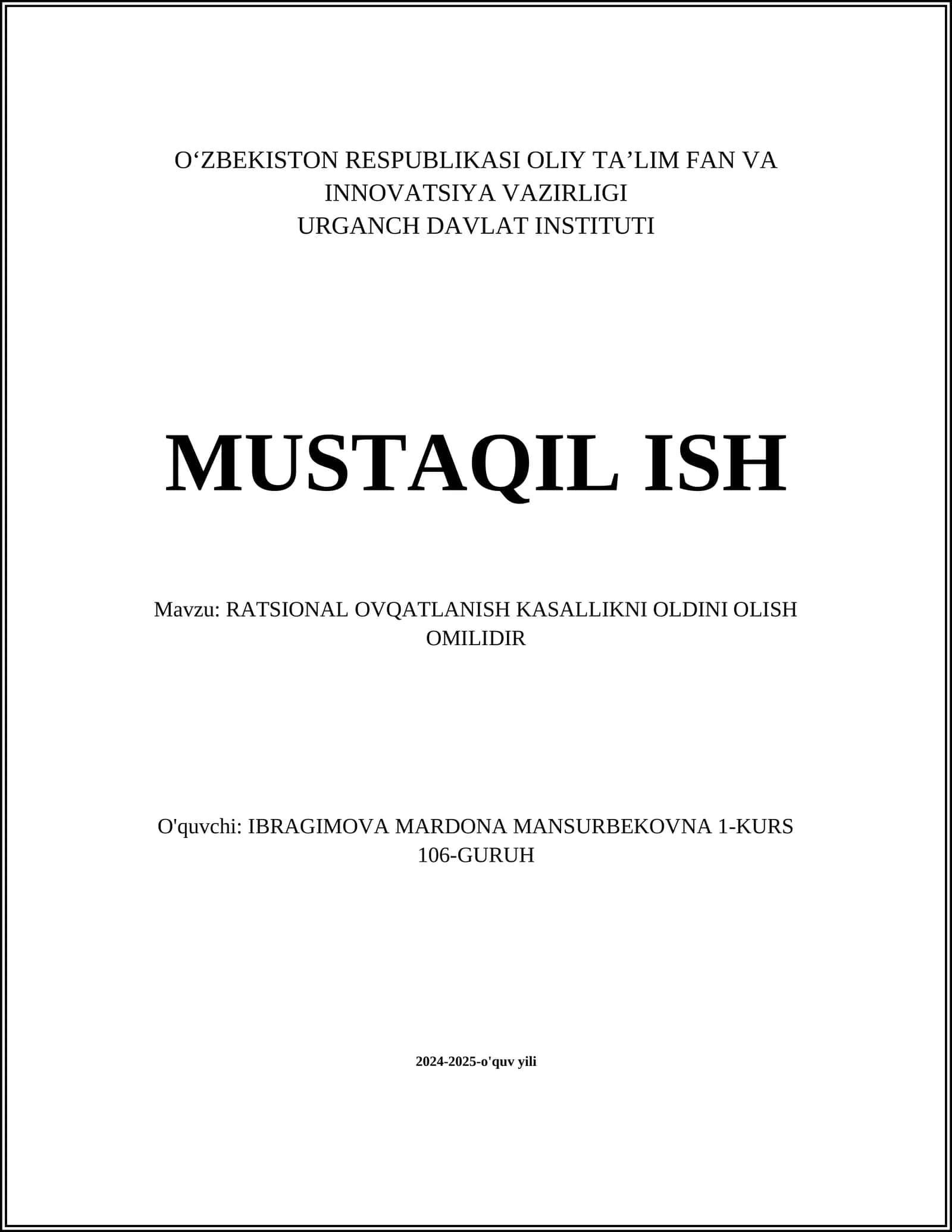 RATSIONAL OVQATLANISH KASALLIKNI OLDINI OLISH OMILIDIR