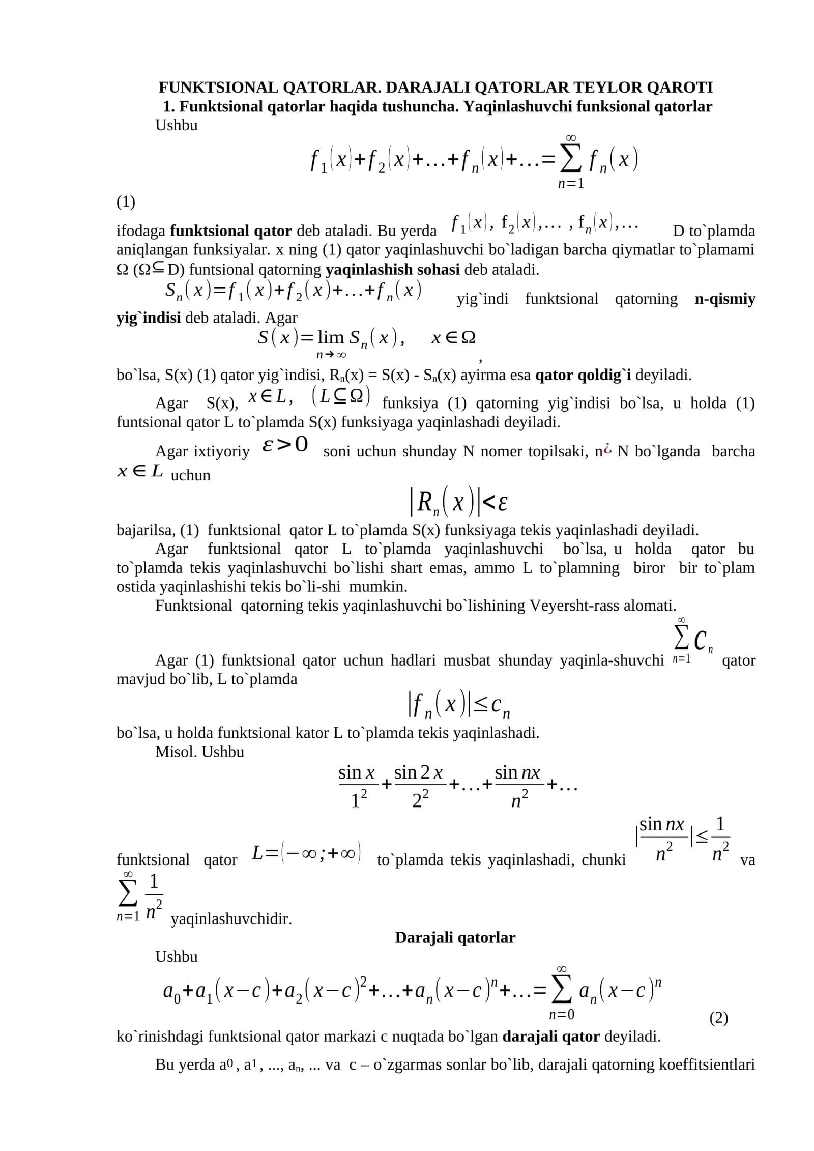 FUNKTSIONAL QATORLAR. DARAJALI QATORLAR TEYLOR QAROTI